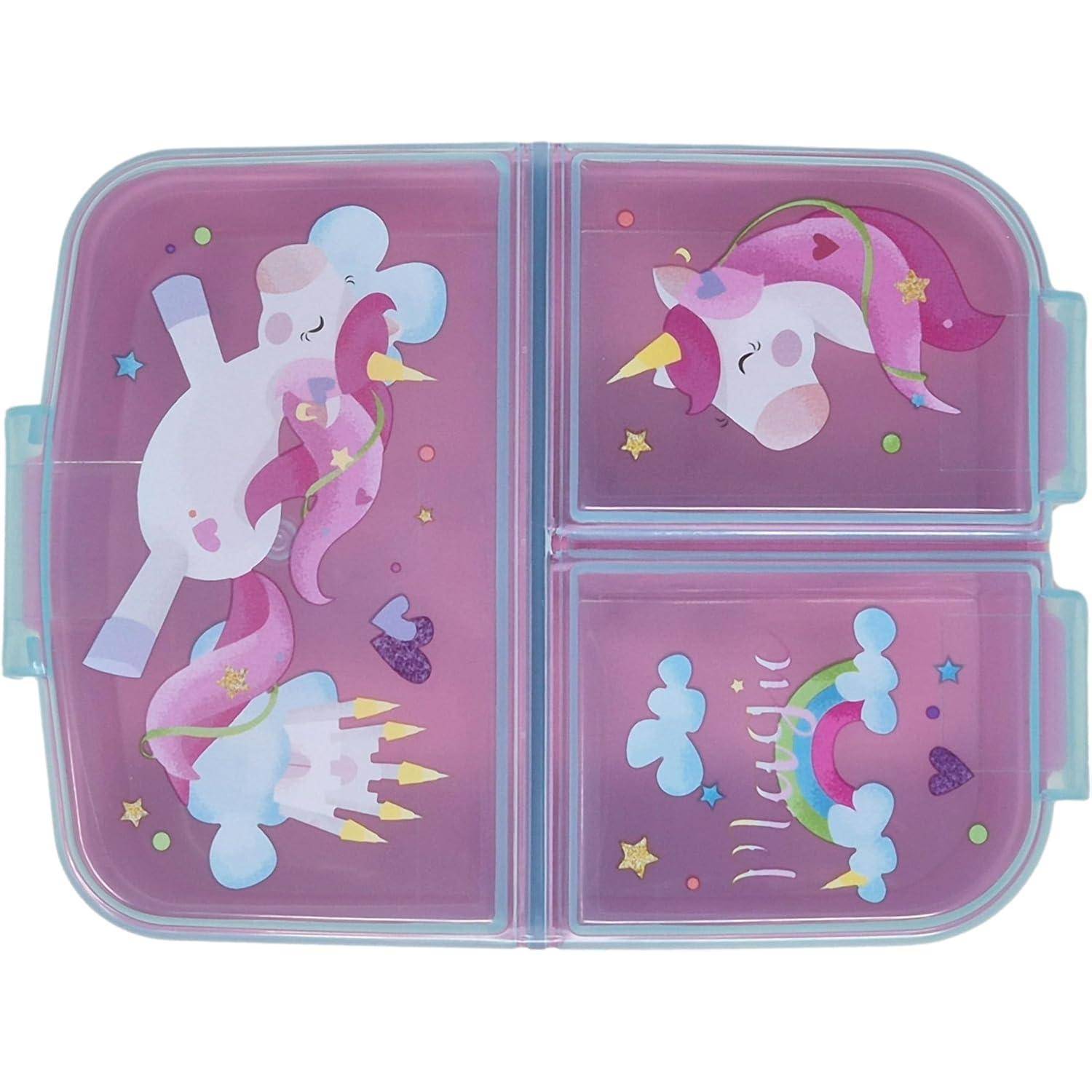 Eine rosa und blaue Bento-Lunchbox mit Einhorn- und Regenbogendesigns. Die Box ist in vier Fächer unterteilt.