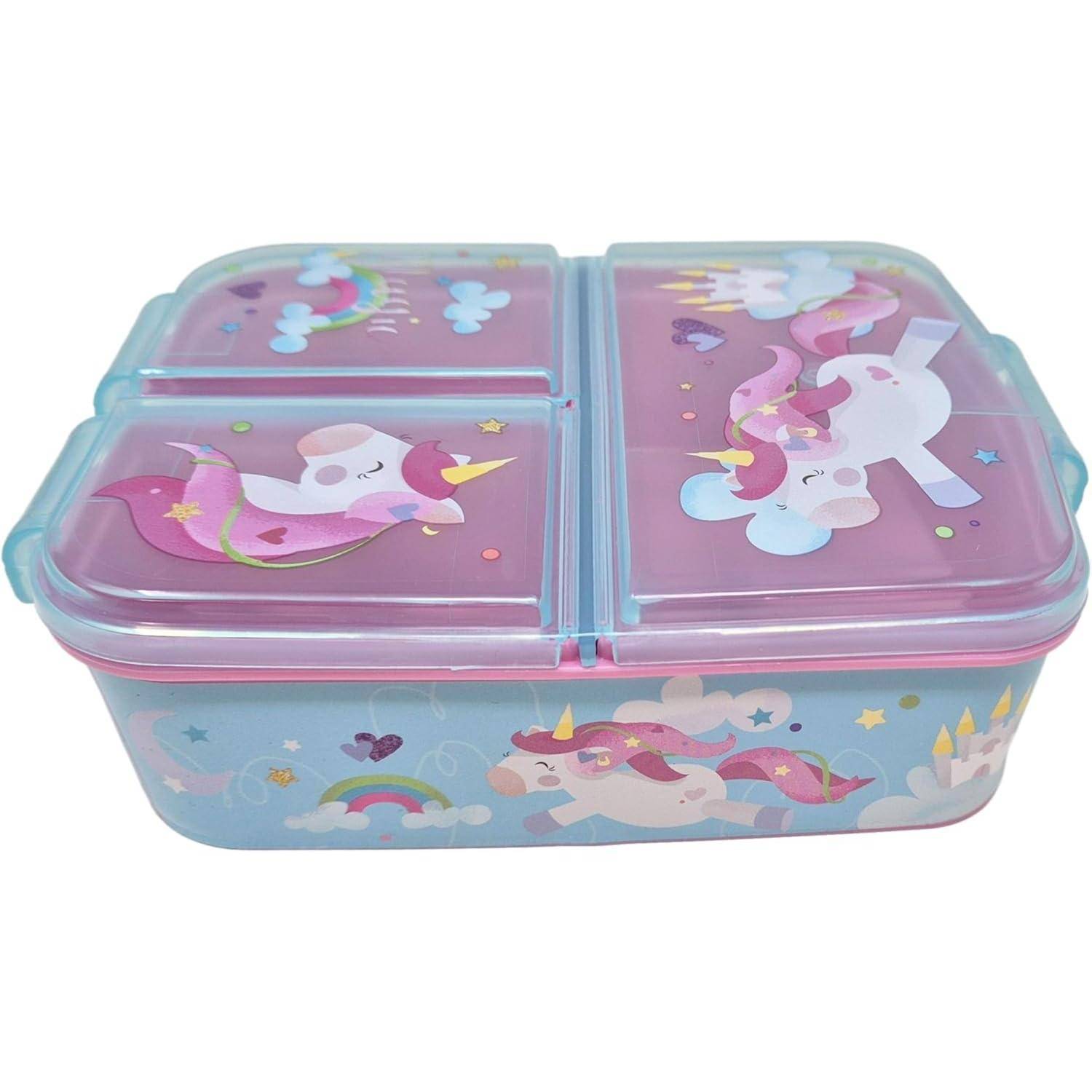 Eine bunte Lunchbox mit Cartoon-Einhörnern und Regenbögen auf dem Deckel und den Seiten, speziell für Kinder entworfen.