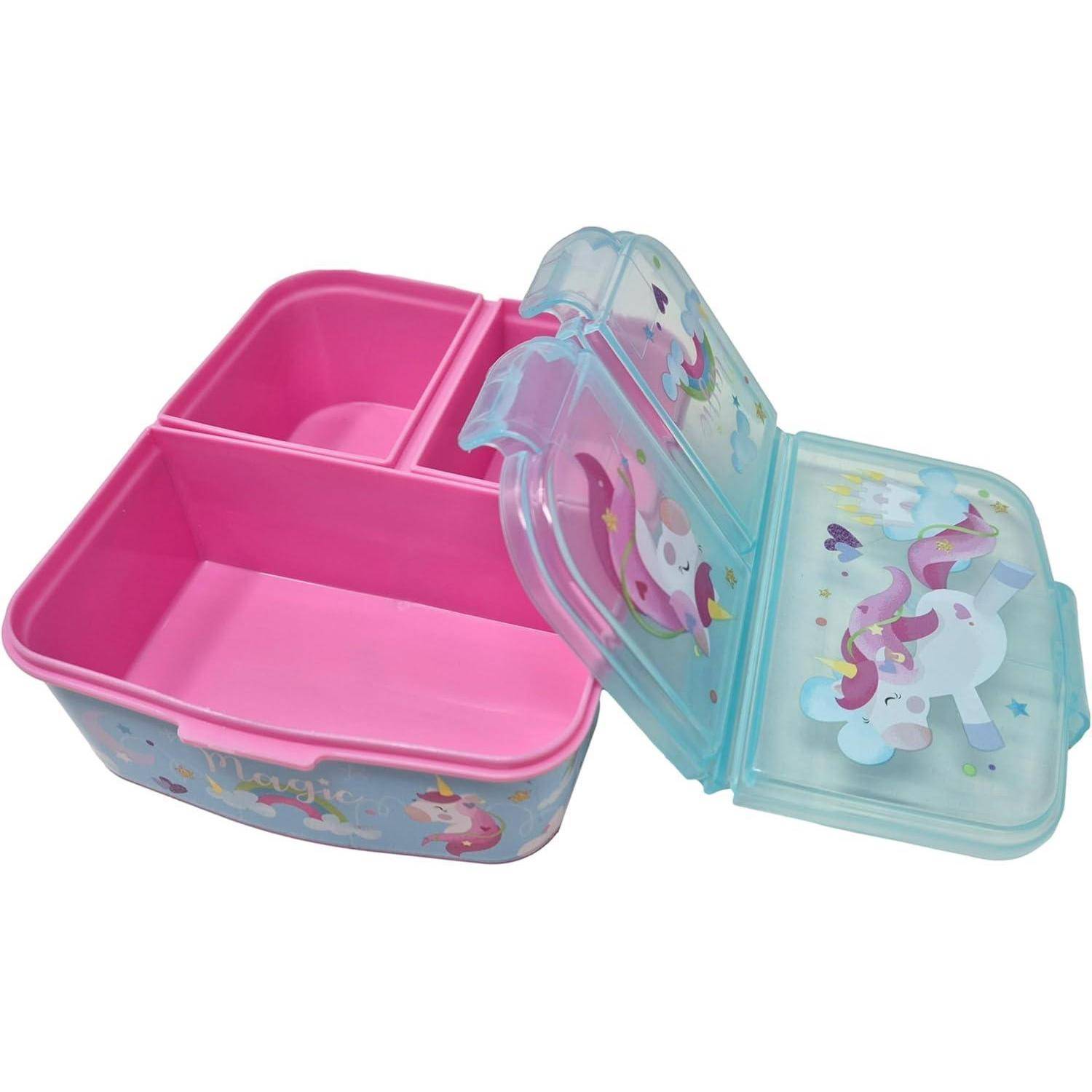Brotdose in Rosa und Blau mit Einhorn-Design, ausgestattet mit zwei Fächern und einem Deckel, der mit einem Einhorn und Sternen illustriert ist.