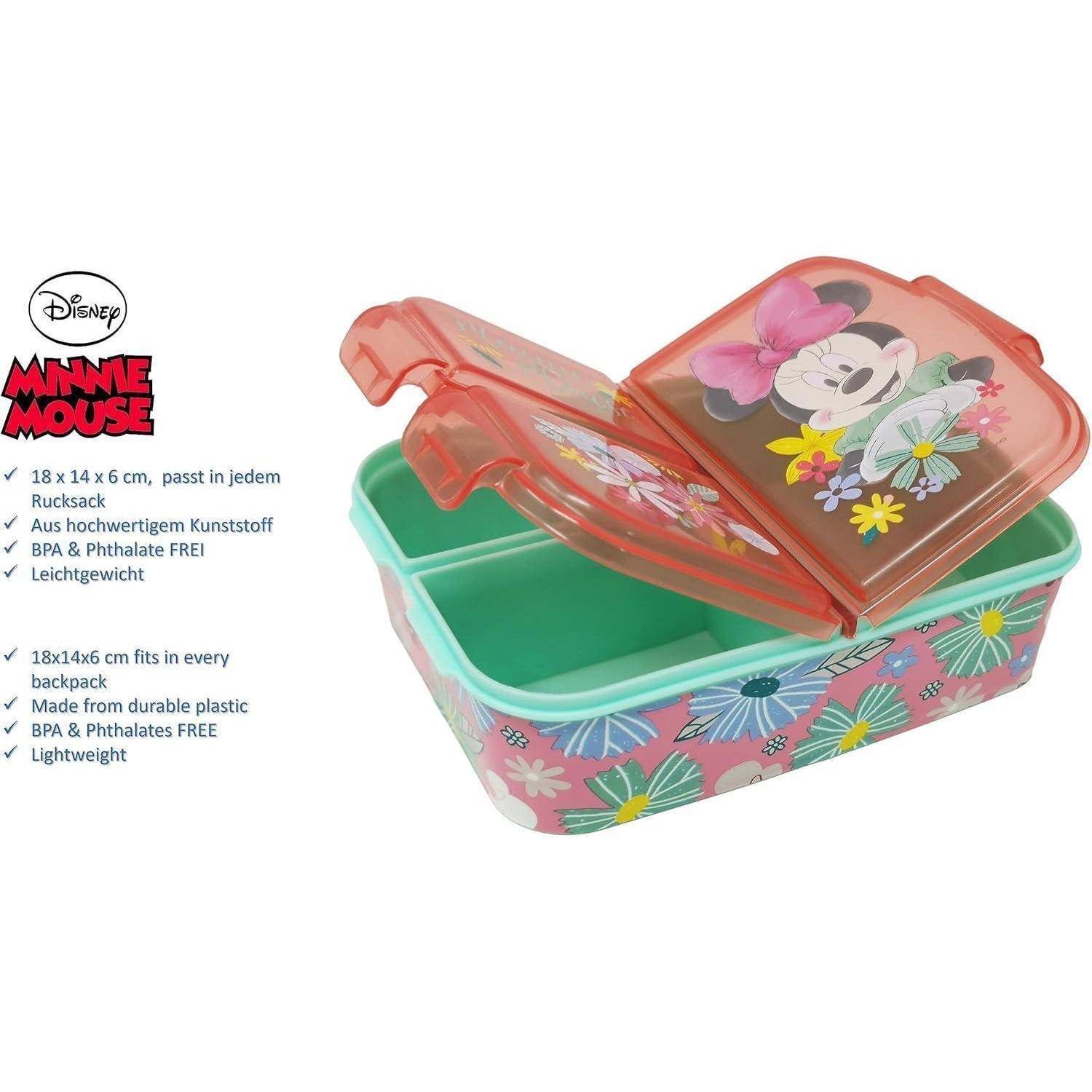 Minnie Mouse' Brotdose mit Blumendesign, Maße 18 x 14 x 6 cm. Hergestellt aus BPA-freiem Kunststoff, leicht, passt in Rucksäcke.