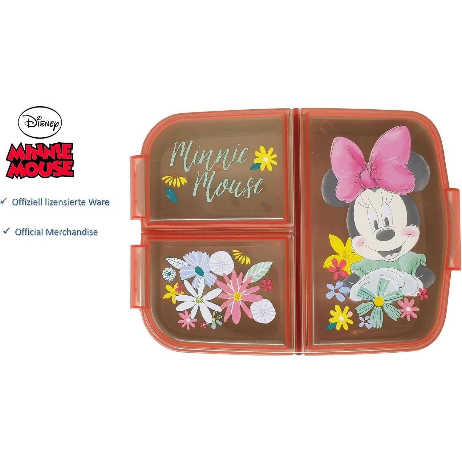 Minnie Maus-Behälter mit drei Fächern, die florale Designs und eine Minnie Maus Illustration mit rosa Schleife aufweisen. Minnie Maus Logo und 'offizielle Merchandise' Text an der Seite.