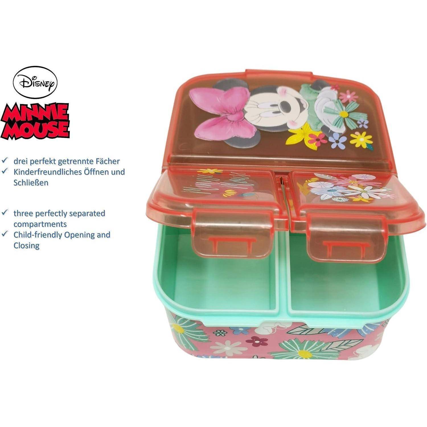 Eine farbenfrohe 'Minnie Maus' Brotdose mit zwei Fächern, die florale Muster aufweist und einen kinderfreundlichen Verschluss- und Öffnungsmechanismus besitzt.