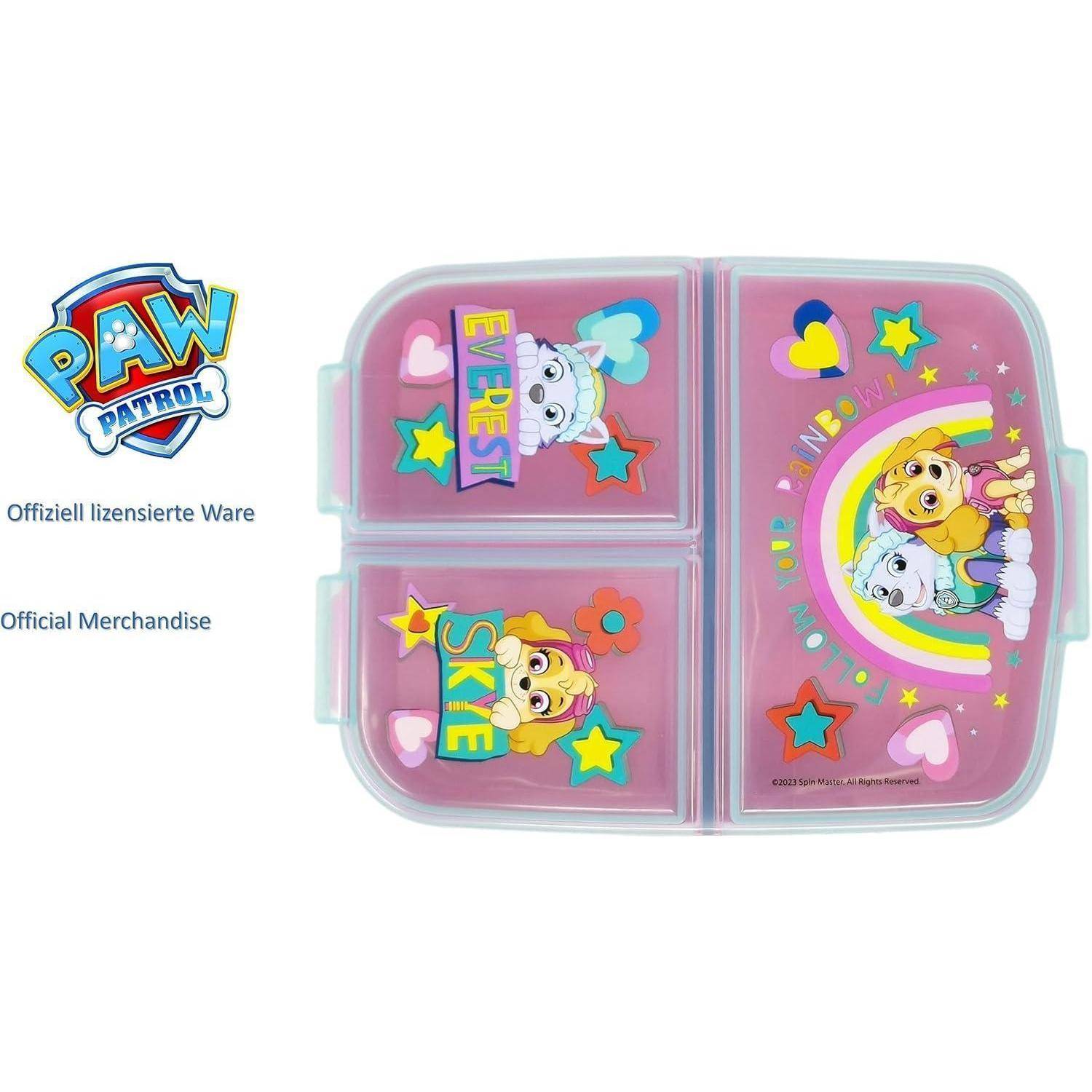 Paw Patrol-Lunchbox in Rosa mit Fächern, die Cartoon-Charaktere und bunte Dekorationen zeigen. Etiketten tragen den Aufdruck 'Offizielles Merchandising'.