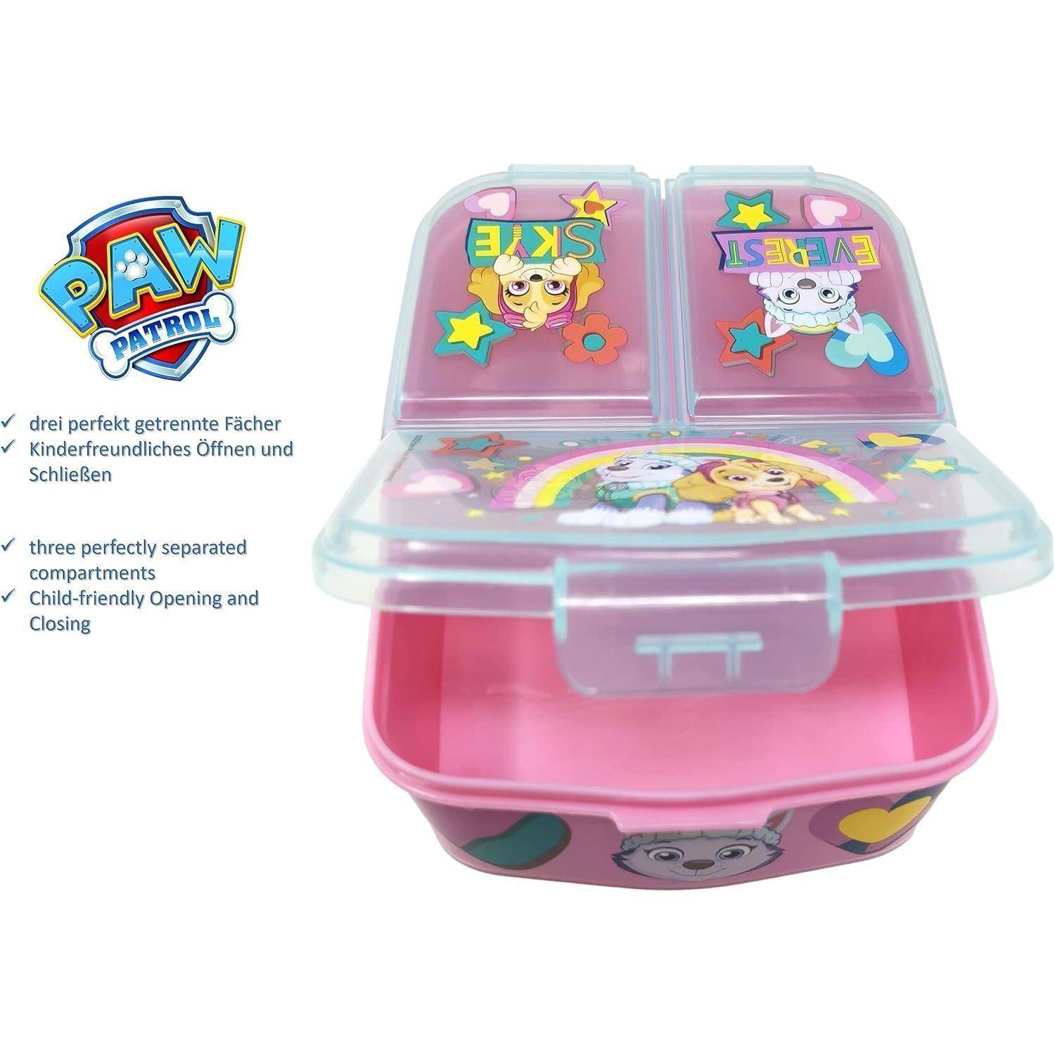 Eine rosa Brotdose mit 'PAW Patrol' Branding, die drei Fächer aufweist. Der Deckel zeigt Cartoon-Hunde und Sticker mit 'SKYE' und 'EVEREST'.