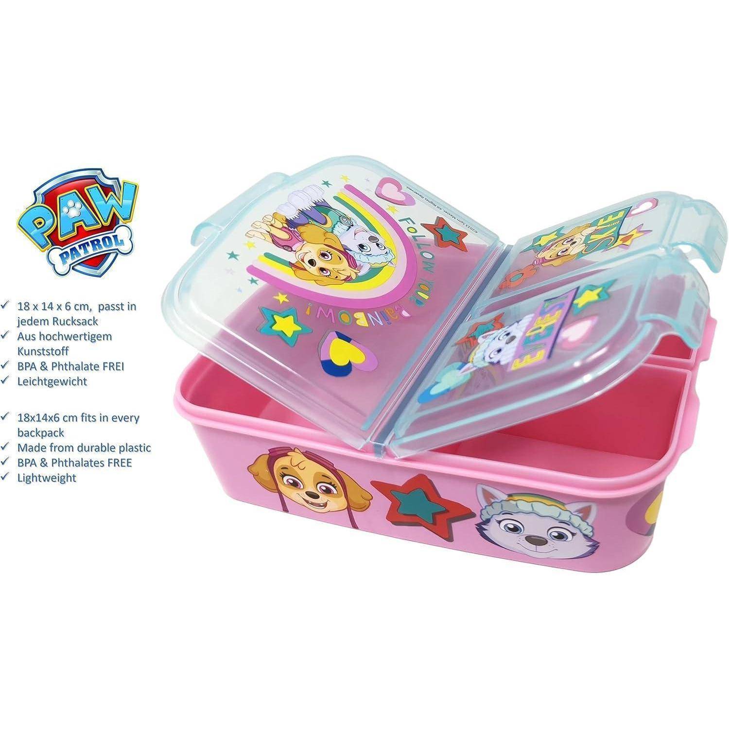Eine rosa 'Paw Patrol' Brotdose mit Charakterbildern auf dem Deckel. Text lautet: „Hergestellt aus strapazierfähigem Kunststoff, BPA & Phthalat FREI