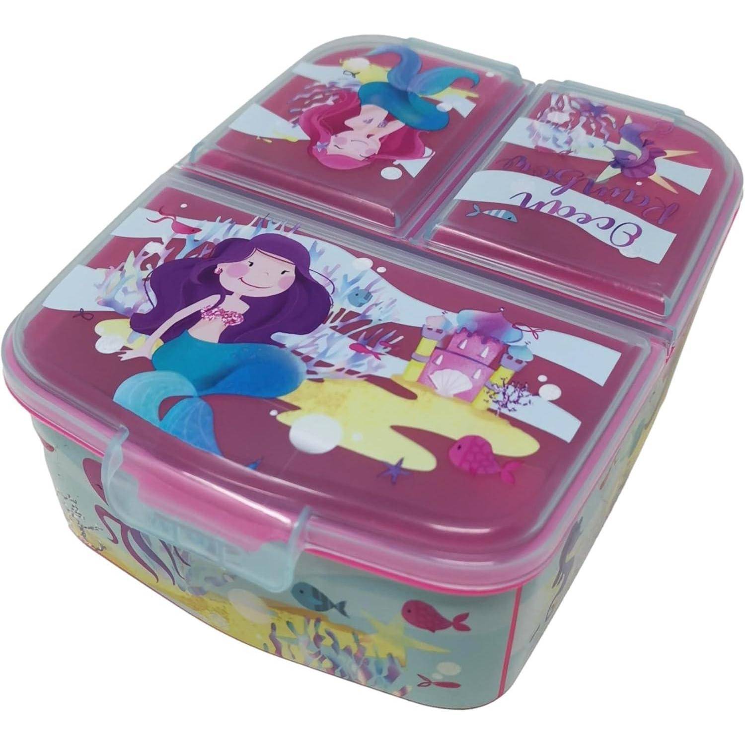 Pinke Lunchbox mit verspielten Meerjungfrauen-Illustrationen, ausgestattet mit Fächern und Schnappverschlüssen; Meeresdesign mit Fisch-Akzenten.