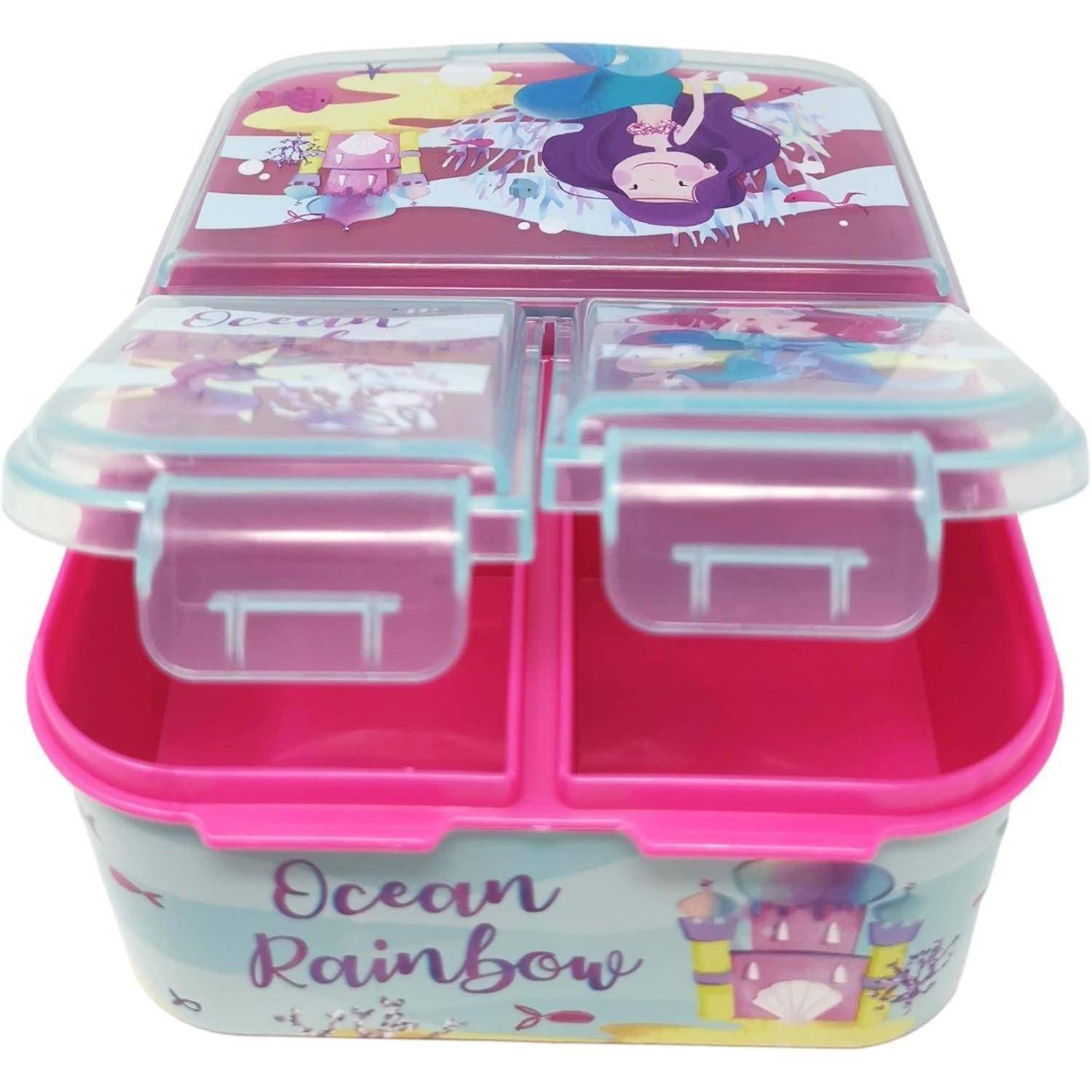Eine bunte Lunchbox mit zwei Fächern und einem Deckel, der eine Illustration eines Mädchens und meeresthematische Designs zeigt. Der Text 'Ocean Rainbow' ist auf der Vorderseite.