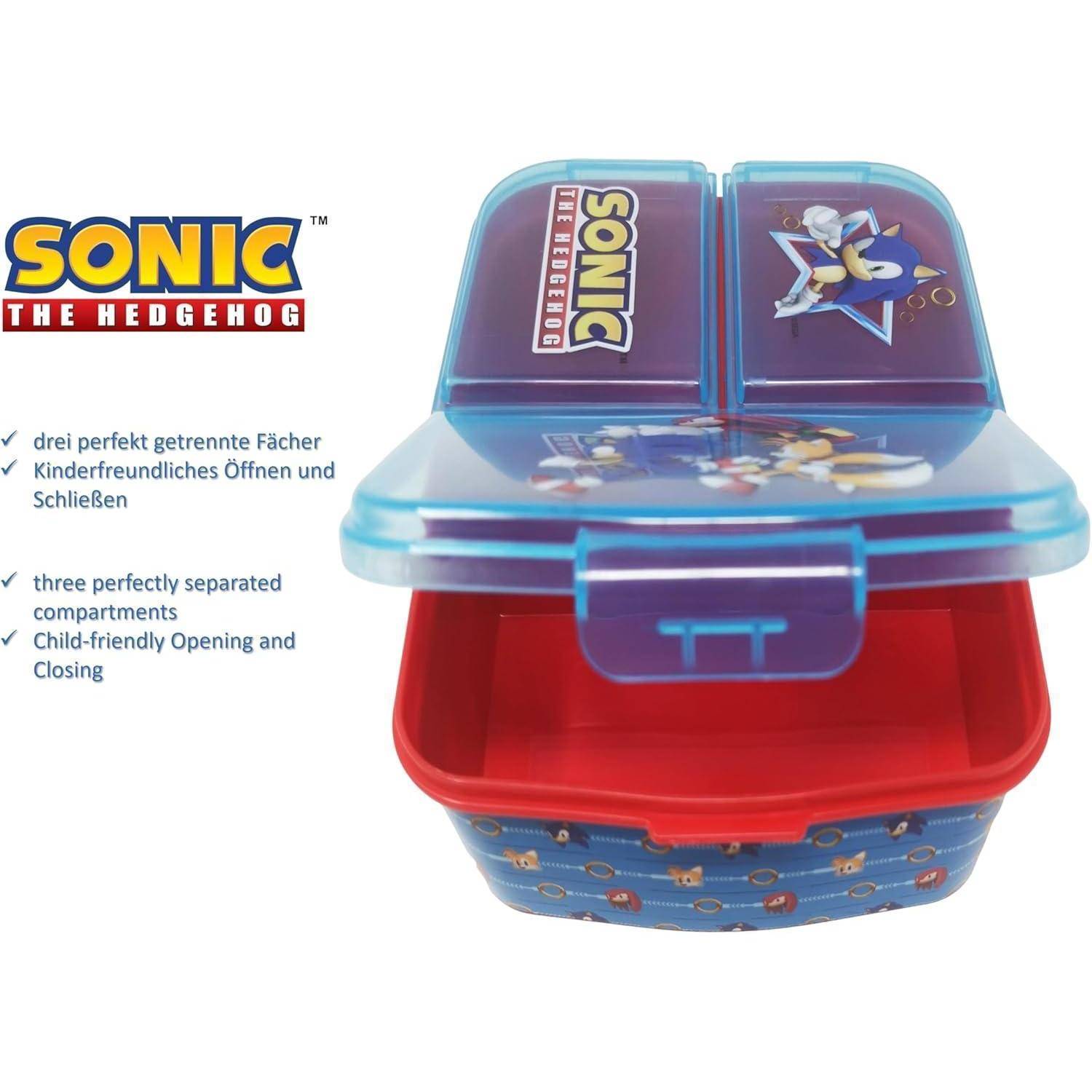 Sonic the Hedgehog Brotdose mit drei getrennten Fächern, mit Sonic-Bildern auf dem Deckel. Kinderfreundliches Design.