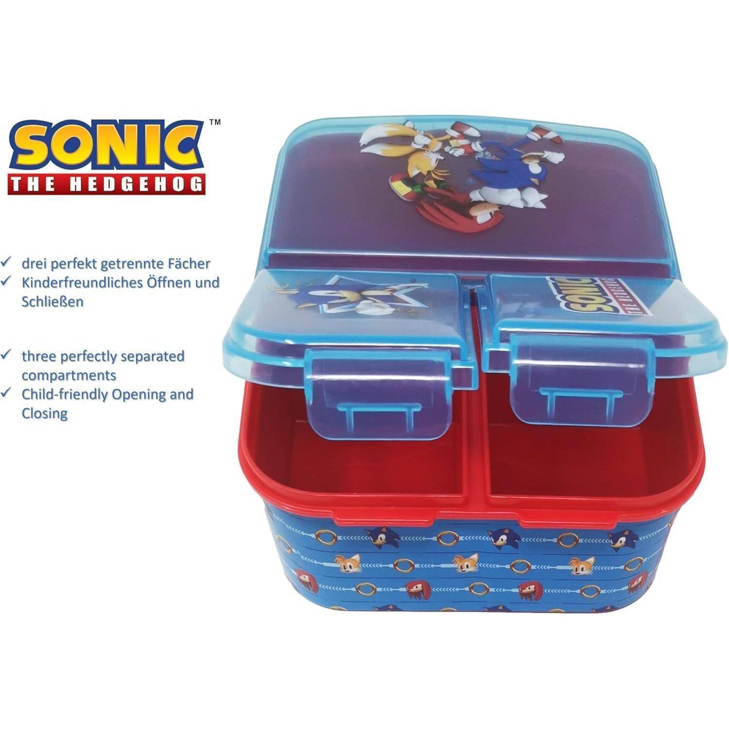 Sonic the Hedgehog Brotdose mit drei separaten Fächern. Sie verfügt über eine kinderfreundliche Öffnungs- und Schließmechanik.