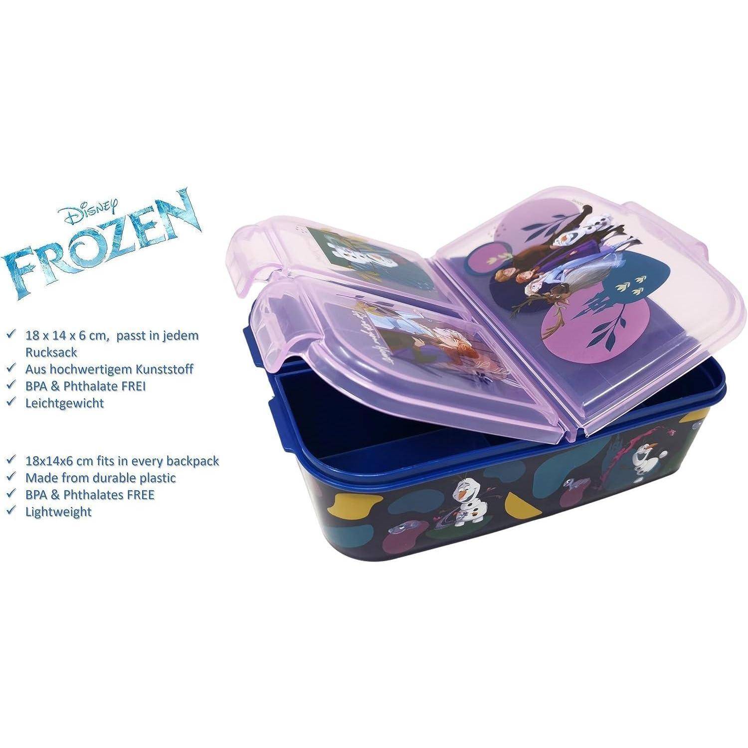 Frozen-Motivlunchbox mit violettem Deckel, die Charaktere aus dem Film zeigt, mit den Maßen 18x14x6 cm. Hergestellt aus strapazierfähigem Kunststoff, frei von BPA und Phthalaten. Leicht und rucksackfreundlich.