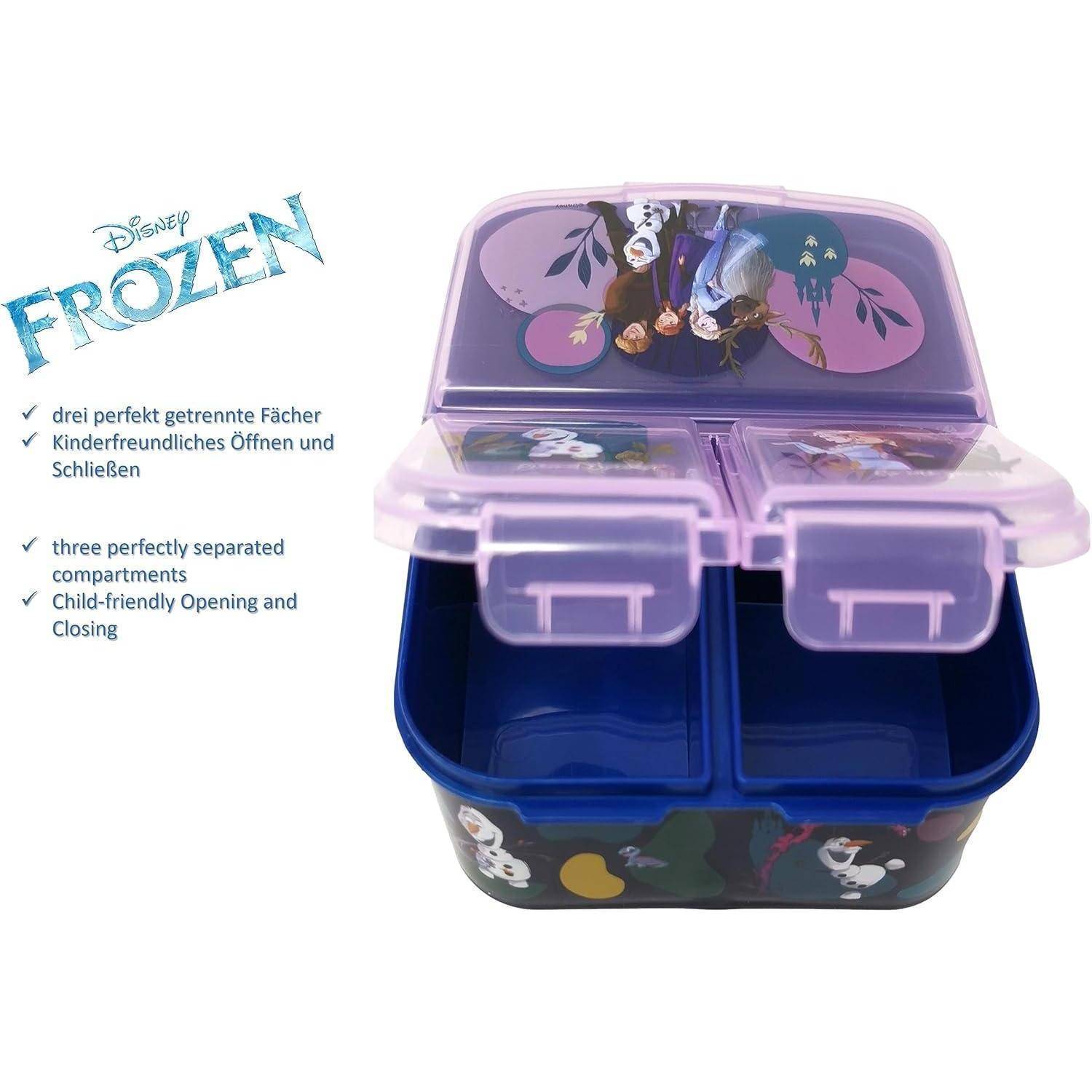 Offene Lunchbox mit Charakteren aus 'Die Eiskönigin', mit drei Fächern. Etikett hebt einfaches Öffnen und kindgerechtes Design hervor.