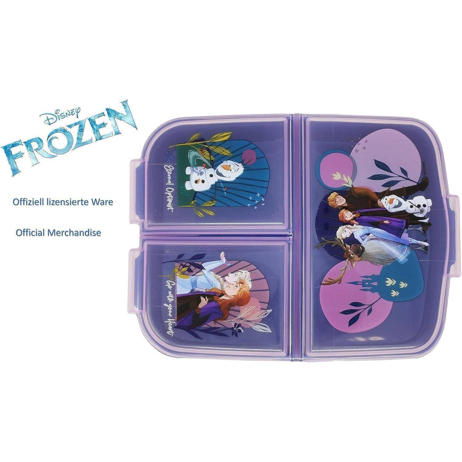 Lila Frozen-Brotdose mit Fächern, die Charaktere und den Text 'Offizielles Merchandise' zeigt.