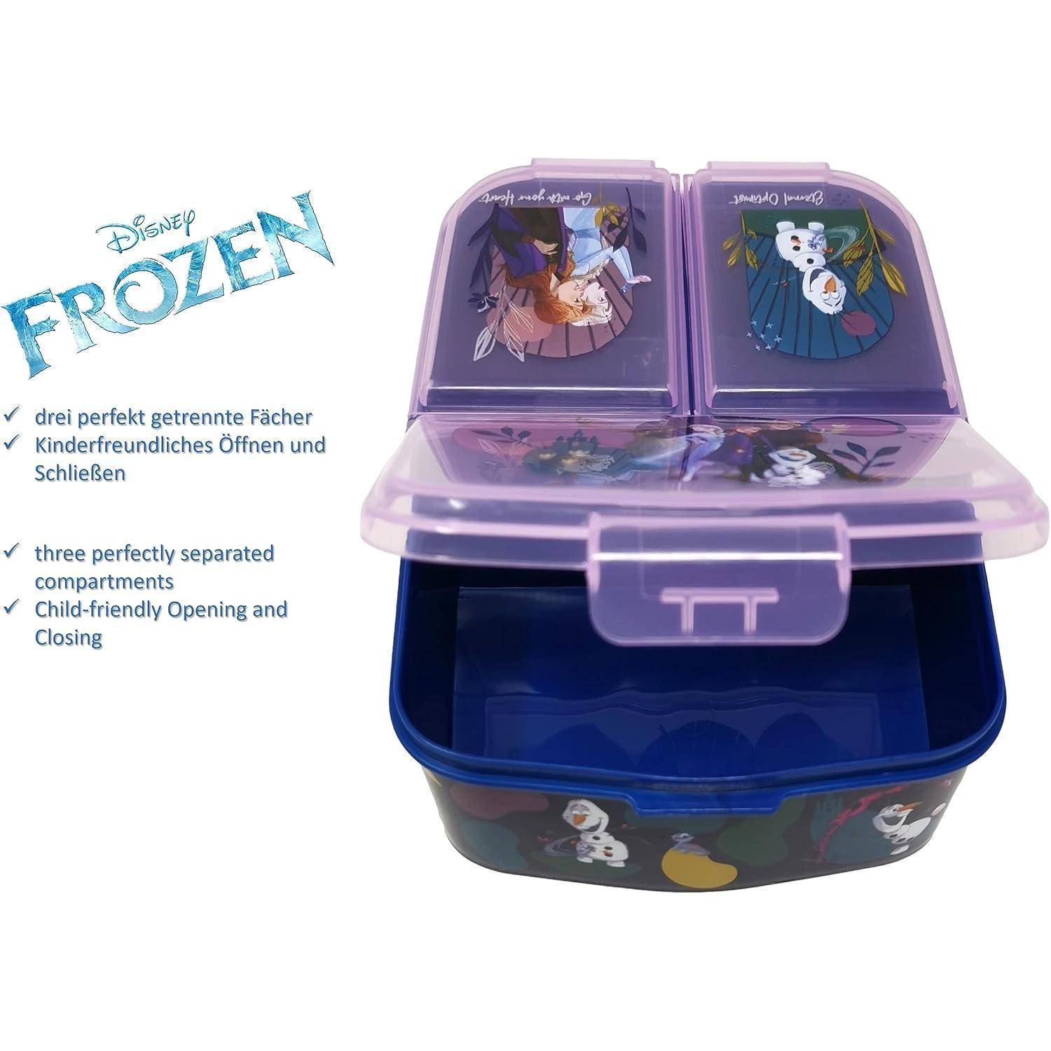 Eine Brotdose für Kinder mit dem Disney-Motiv von 'Frozen' mit drei Fächern. Inklusive Text: 'Drei perfekt getrennte Fächer. Kinderfreundliches Öffnen und Schließen.
