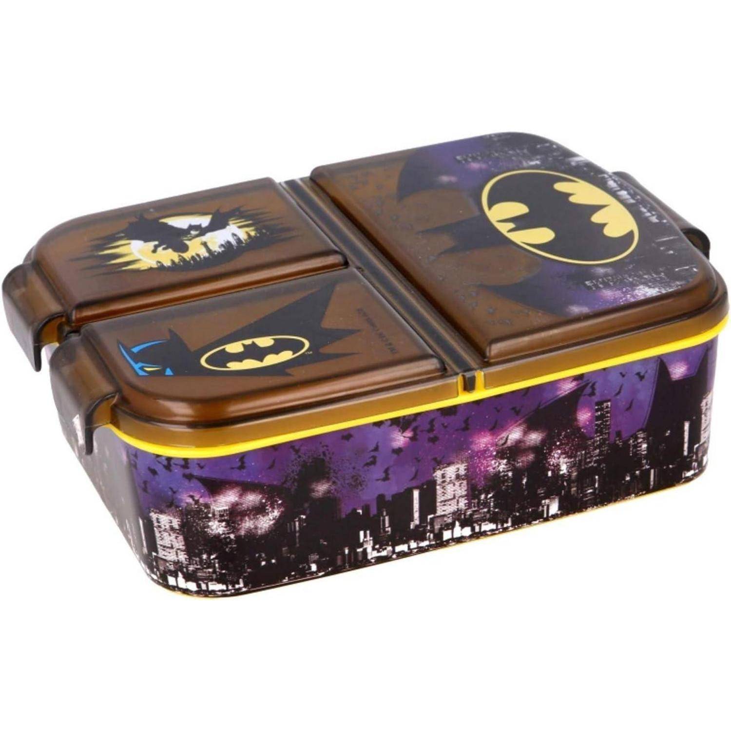 Eine braune Batman-Brotdose mit dem Batman-Logo und Abbildungen der Skyline von Gotham City an den Seiten.