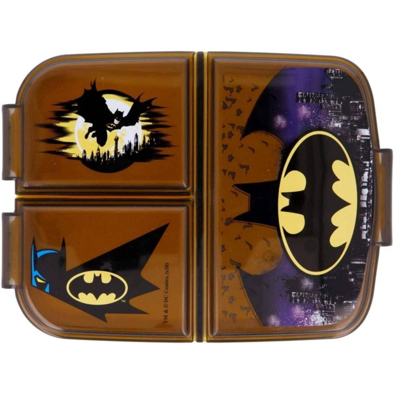 Rechteckiger Behälter mit Batman-Logos und Stadtsilhouette, der Silhouetten von Batman und Fledermäusen vor einem Nachthimmel zeigt.
