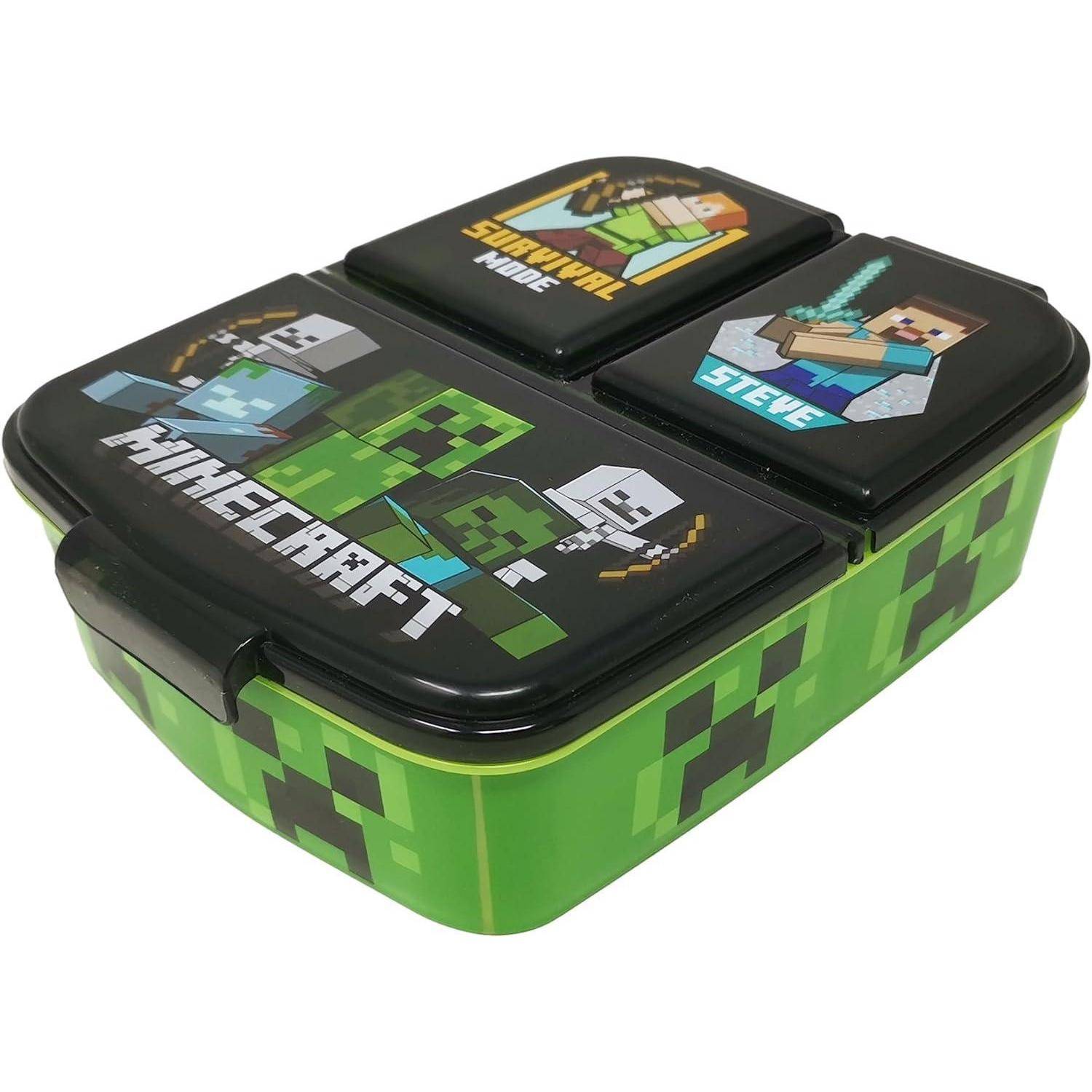 Eine grüne Lunchbox mit 'Minecraft'-Charakteren und -Logo, einschließlich Bildern von Steve und einem Skelett. Das Design betont ein Gaming-Thema.