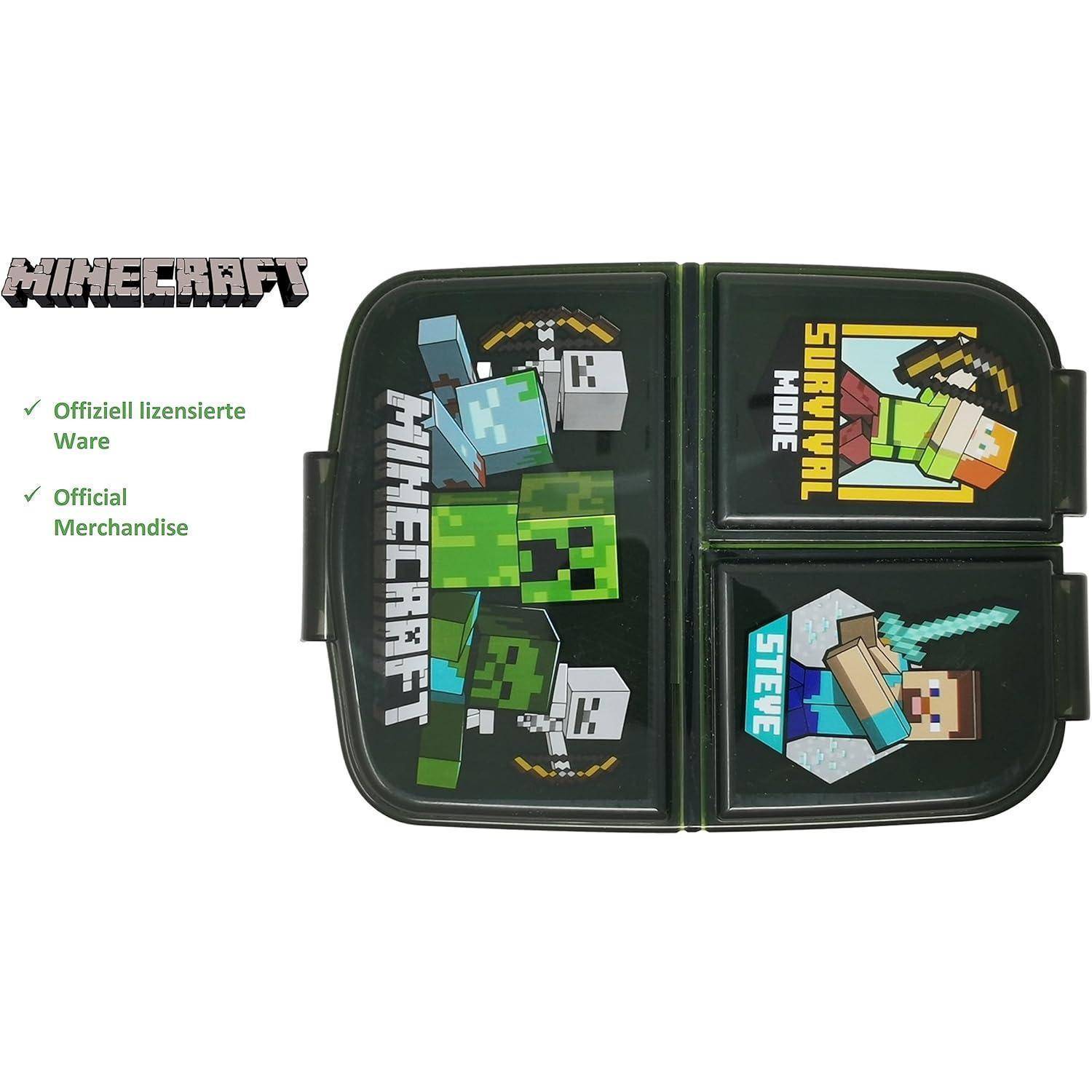 Eine schwarze Lunchbox mit 'Minecraft'-Charakteren in Aktionsposen, mit Abschnitten, die den 'ÜBERLEBENSMODUS' und 'STEVE' hervorheben. Offizielles Merchandise.