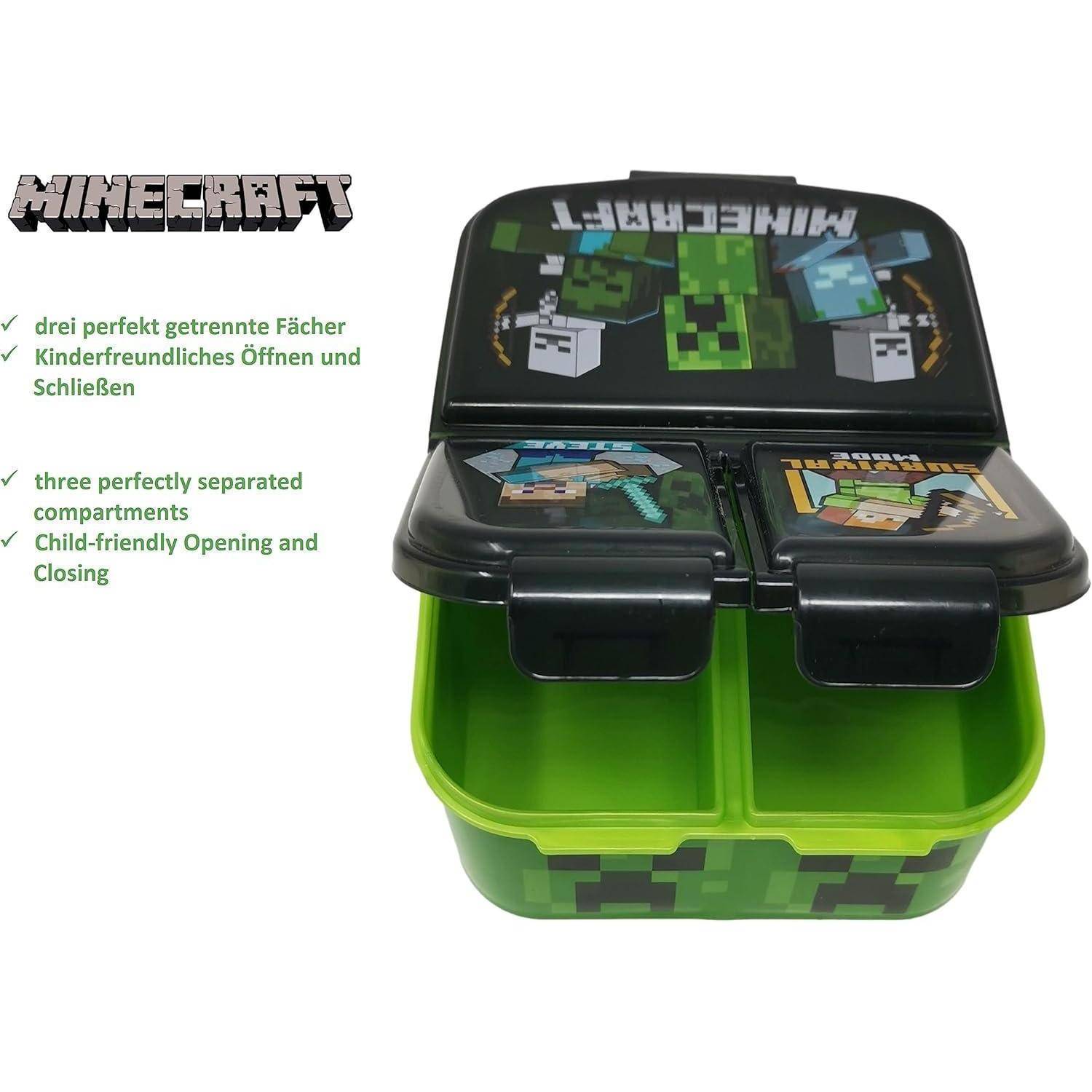 Minecraft-Brotdose mit drei getrennten Fächern, mit Creeper-Design. Verfügt über eine kinderfreundliche Öffnungs- und Schließmechanik.