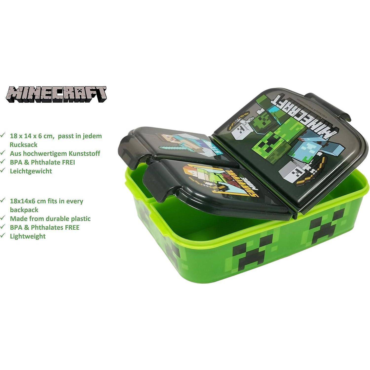 Eine grüne Lunchbox mit Minecraft-Charakteren. Text gibt Maße von 18x14x6 cm an, passt in jeden Rucksack, BPA & Phthalat-frei, leicht.