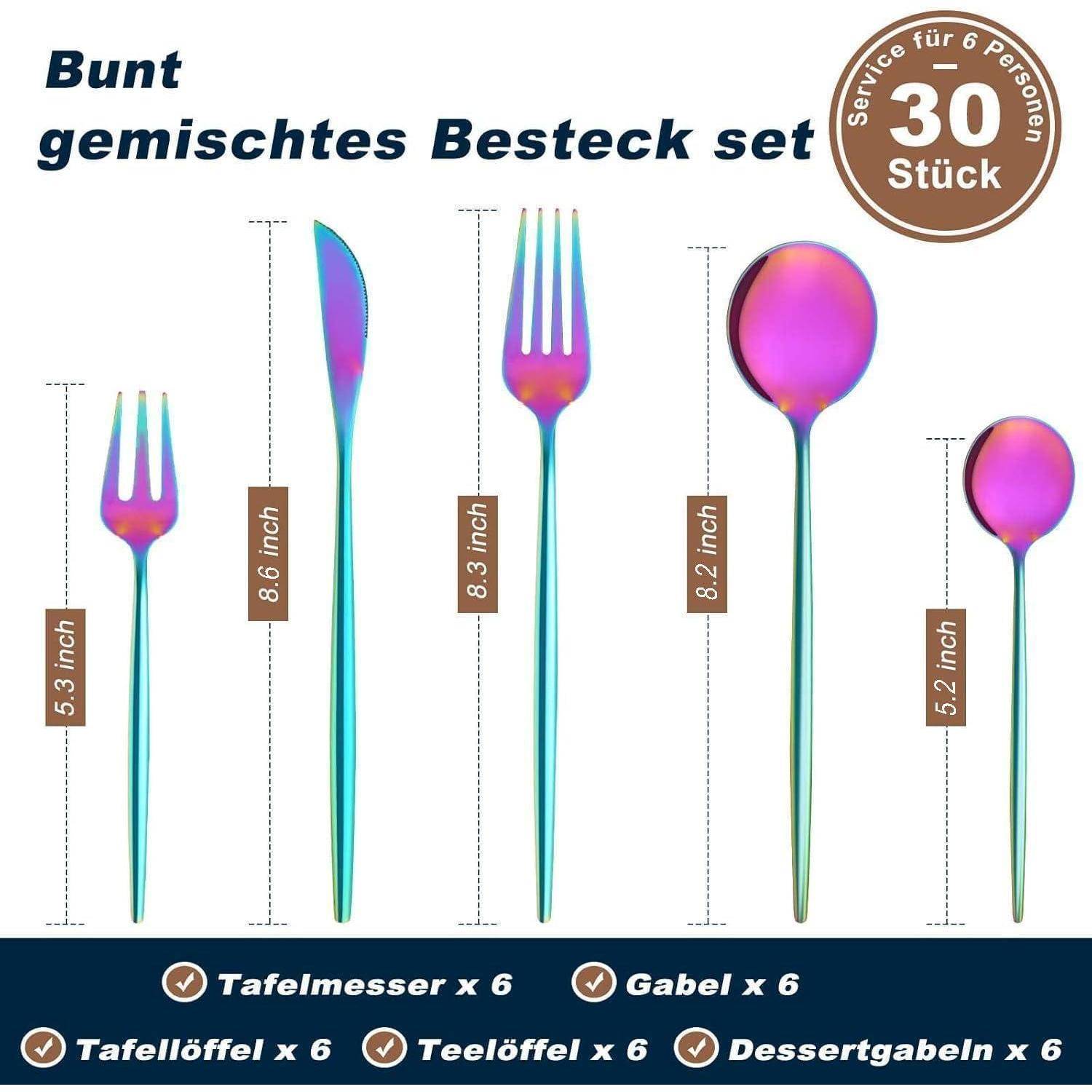 Besteck Regenbogen Edelstahl Set 6 Personen 30 teilig 30teilig bunt