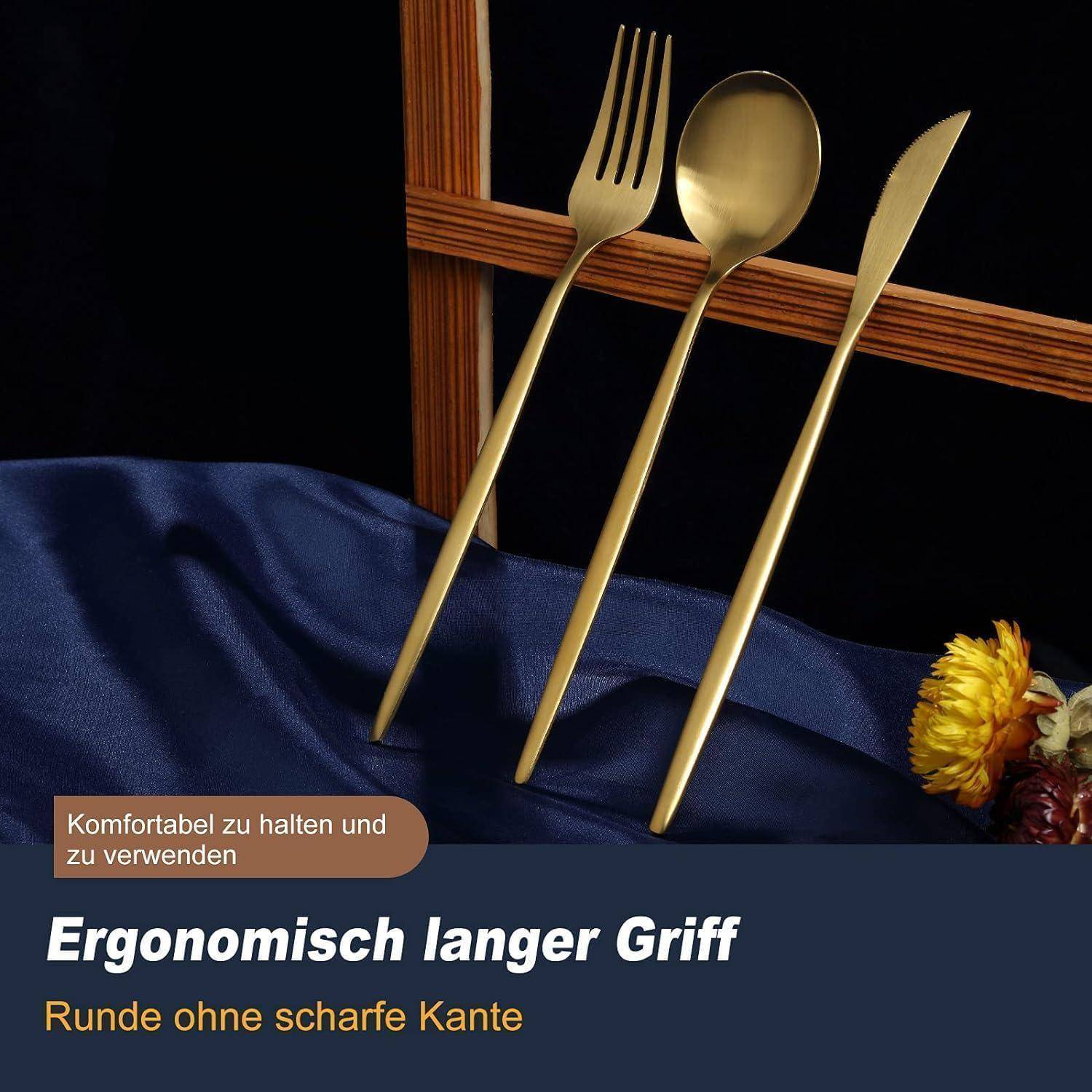 Goldfarbenes Besteckset auf blauem Tuch, bestehend aus einer Gabel, einem Löffel und einem Messer. Text auf Deutsch hebt das ergonomische Design und die Sicherheit hervor.