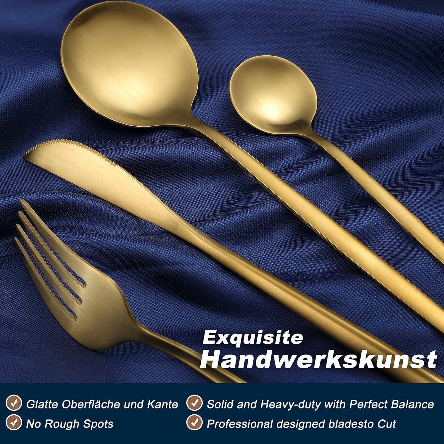 Goldenes Besteck-Set auf blauem Stoffhintergrund. Text lautet: 'Exquisite Handwerkskunst' mit Symbolen und Text, die das glatte, langlebige Design betonen.