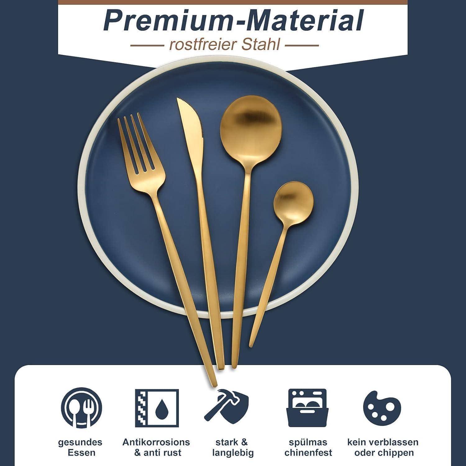 Gold-Besteck-Set auf einem Teller mit der Aufschrift 'Premium-Material rostfreier Stahl'. Symbole darunter zeigen Merkmale: gesunde Ernährung, rostfrei, Langlebigkeit, spülmaschinengeeignet, keine Verfärbungen oder Abplatzungen.