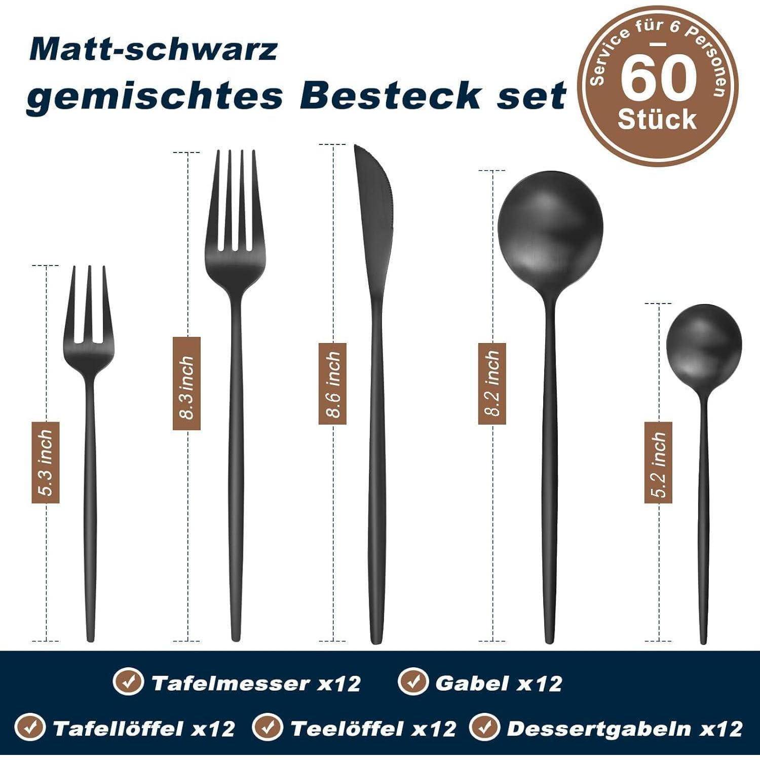 Besteckset 12 Personen Edelstahl Messer 60 teilig 60 Teilig schwarz