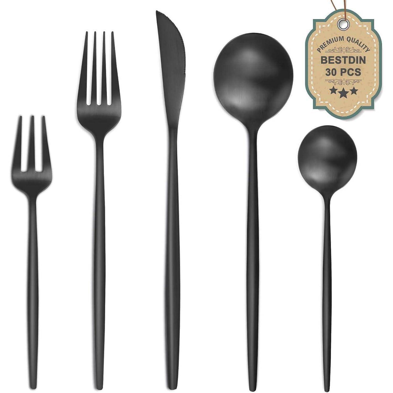 Besteckset 6er Edelstahl Messer Gabel 30 teilig Schwarz 30teilig