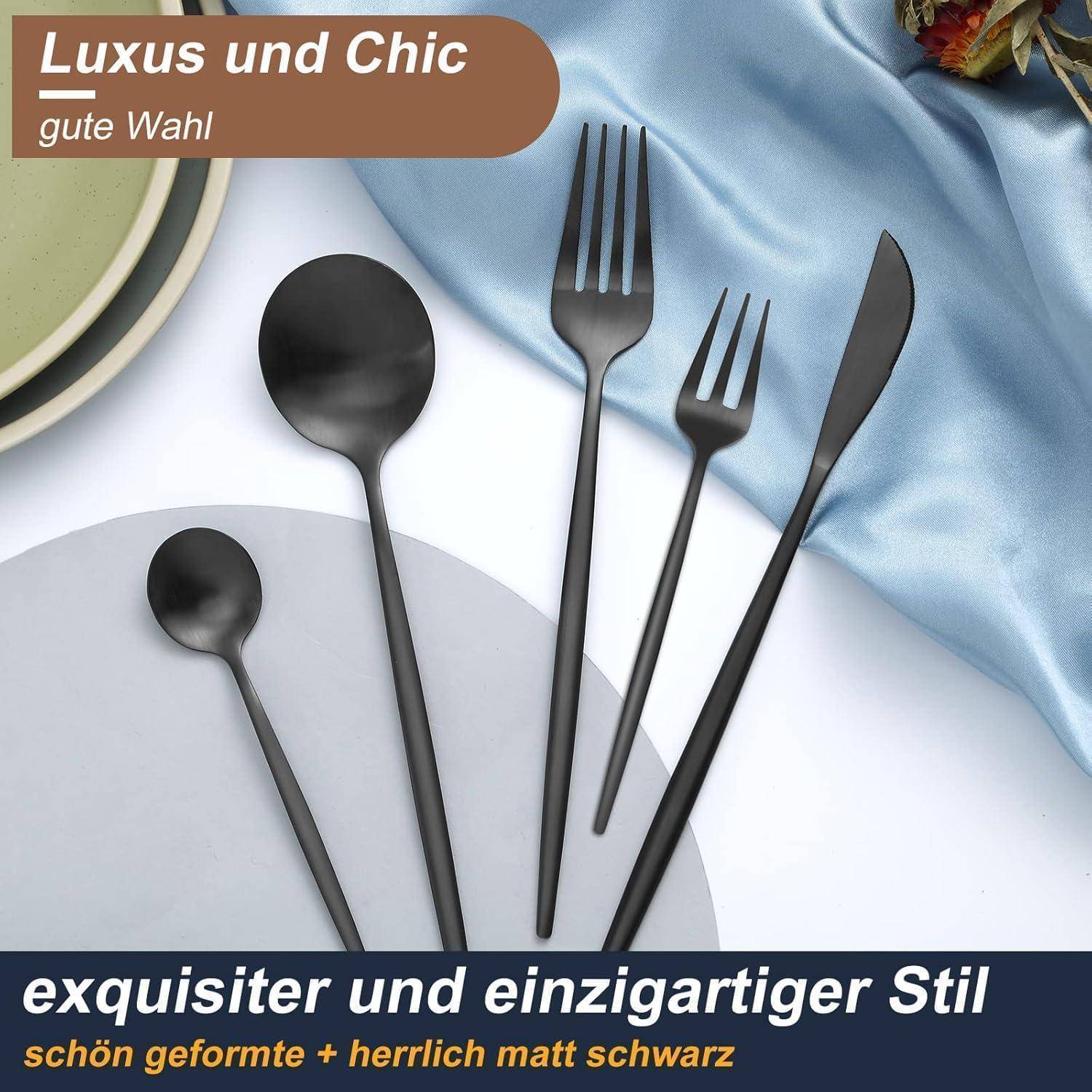Besteckset 6er Edelstahl Messer Gabel 30 teilig Schwarz 30teilig