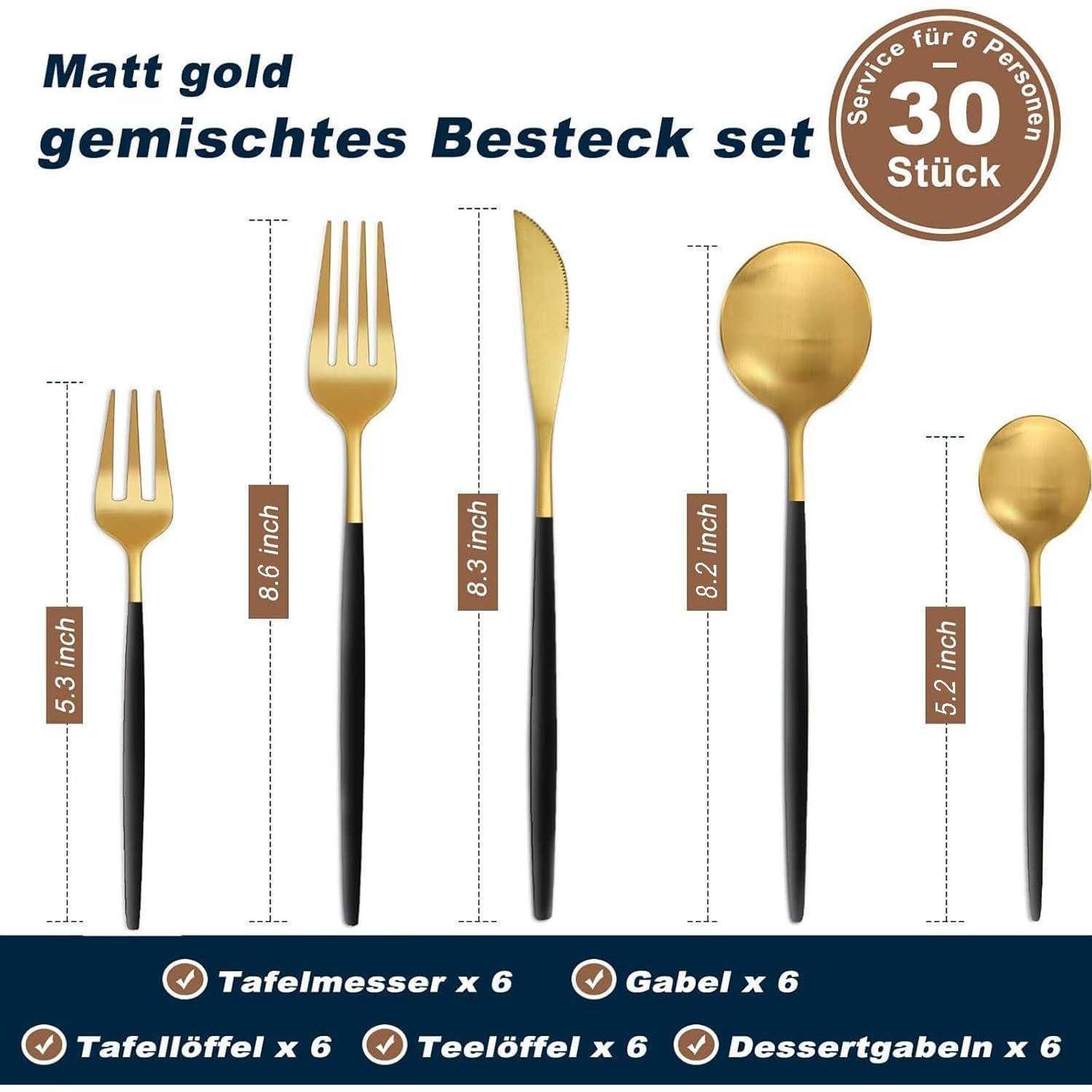 Besteckset Edelstahl 6 Personen 30 teilig 30teilig schwarzes Gold