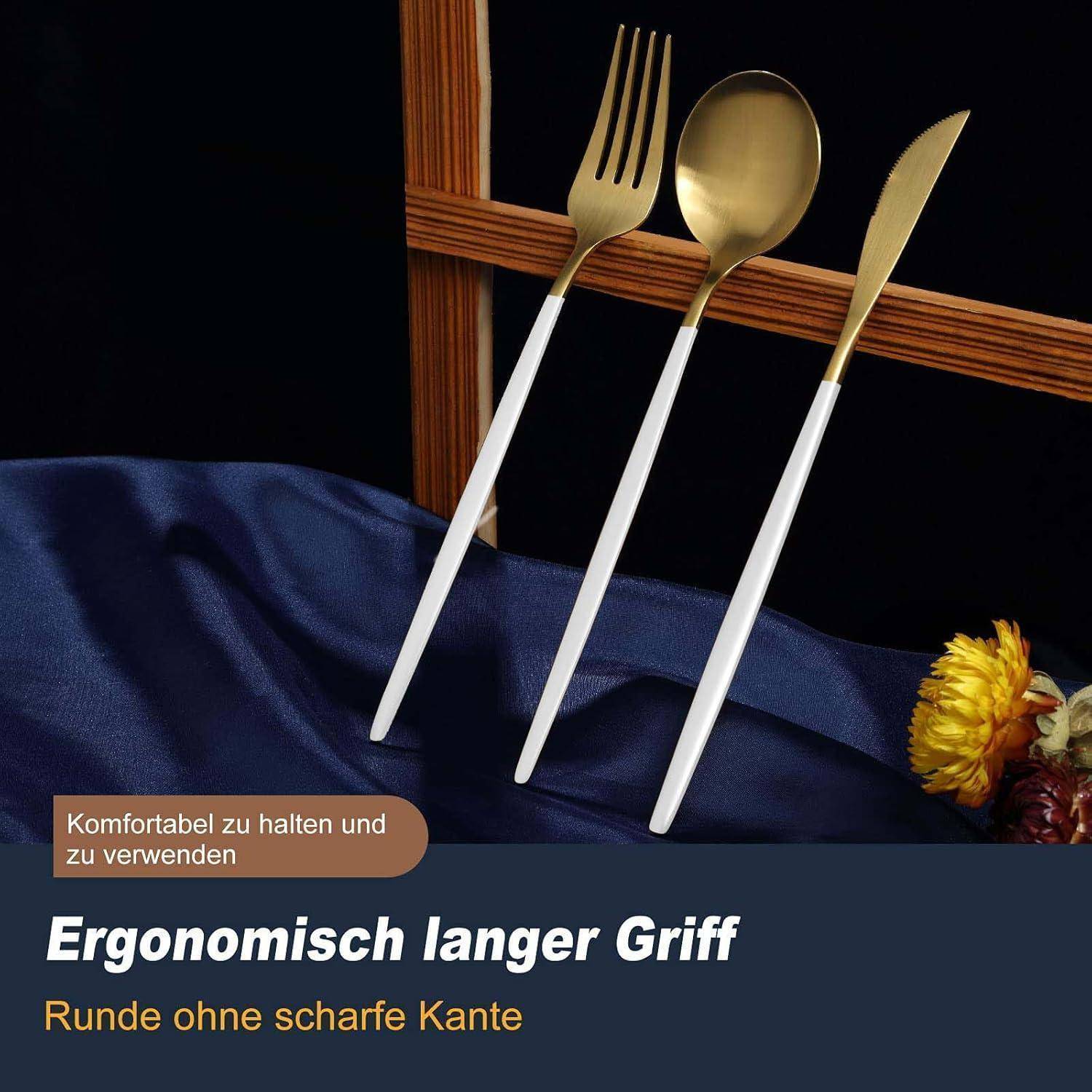 Ein Set aus goldenen und weißen Besteckstücken (Gabel, Löffel, Messer), die auf blauem Stoff präsentiert werden. Der deutsche Text hebt das ergonomische Design und den Komfort hervor.