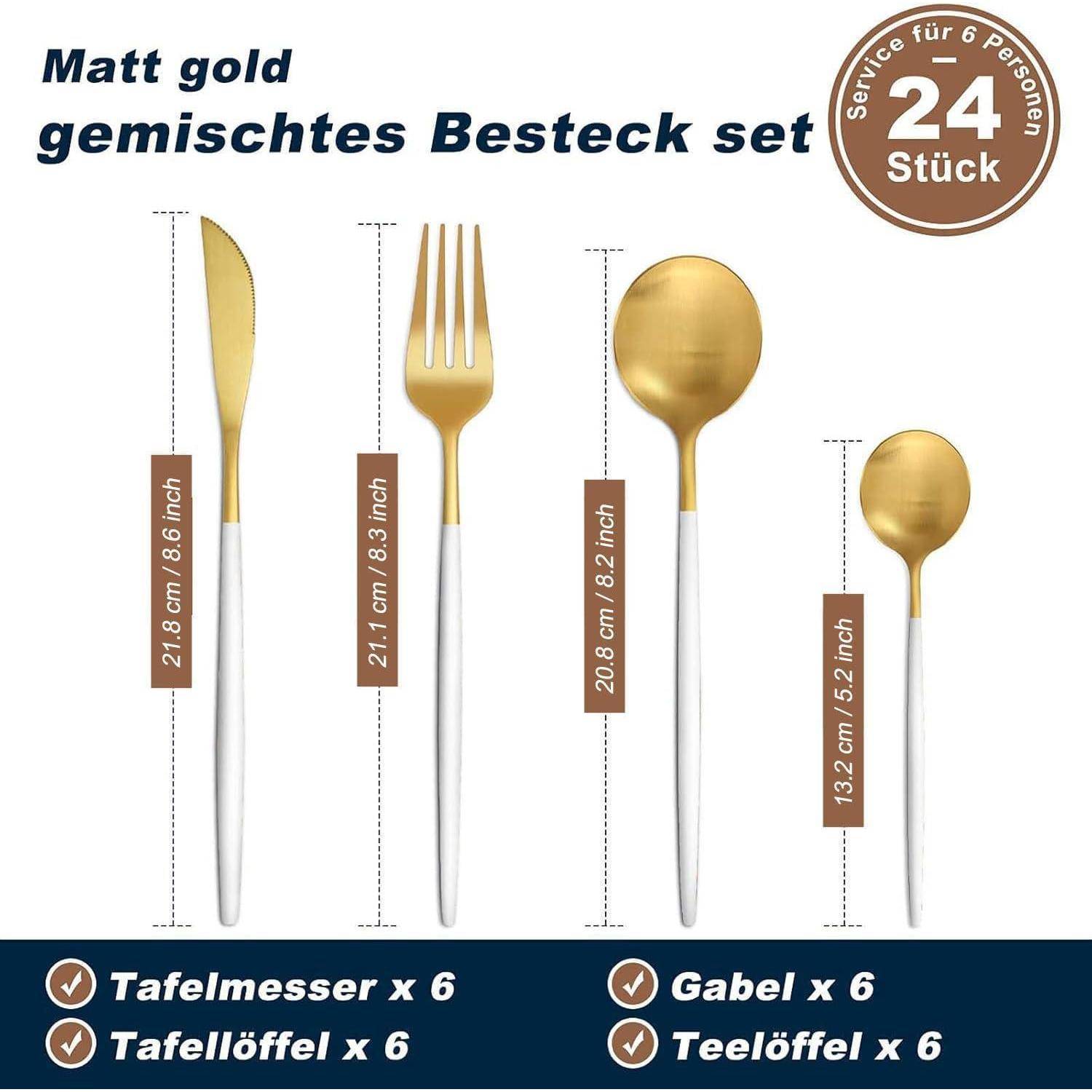 Matt goldenes Besteck-Set mit 24 Teilen für 6 Personen; umfasst 6 Tafelmesser, 6 Gabeln, 6 Esslöffel und 6 Teelöffel.