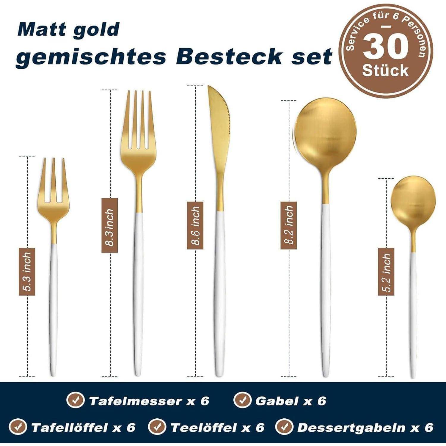 Goldfarbenes und weißes Besteck-Set: 6 Tafelmesser, 6 Gabeln, 6 Suppenlöffel, 6 Teelöffel, 6 Dessertgabeln. Set für 6 Personen.