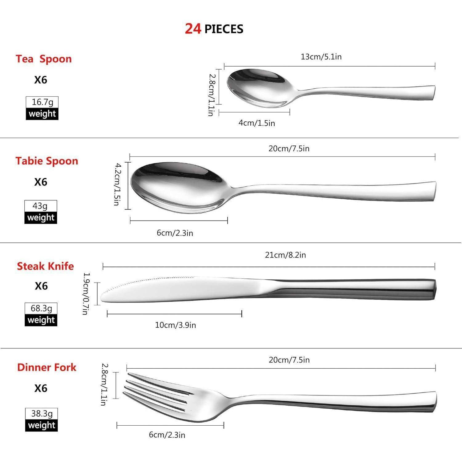 24-teiliges Besteck-Set': Enthält 6 Teelöffel (16,7g, 13cm), 6 Esslöffel (43g, 20cm), 6 Steakmesser (68,3g, 20,3cm), 6 Speisequgabeln (38,9g, 19cm).