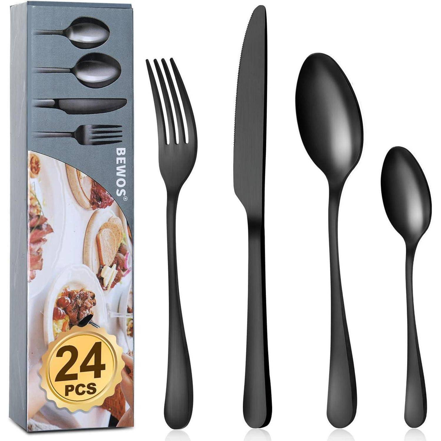 Besteck Set 24 24 Stück Runde Griffe Schwarz 24 Stück