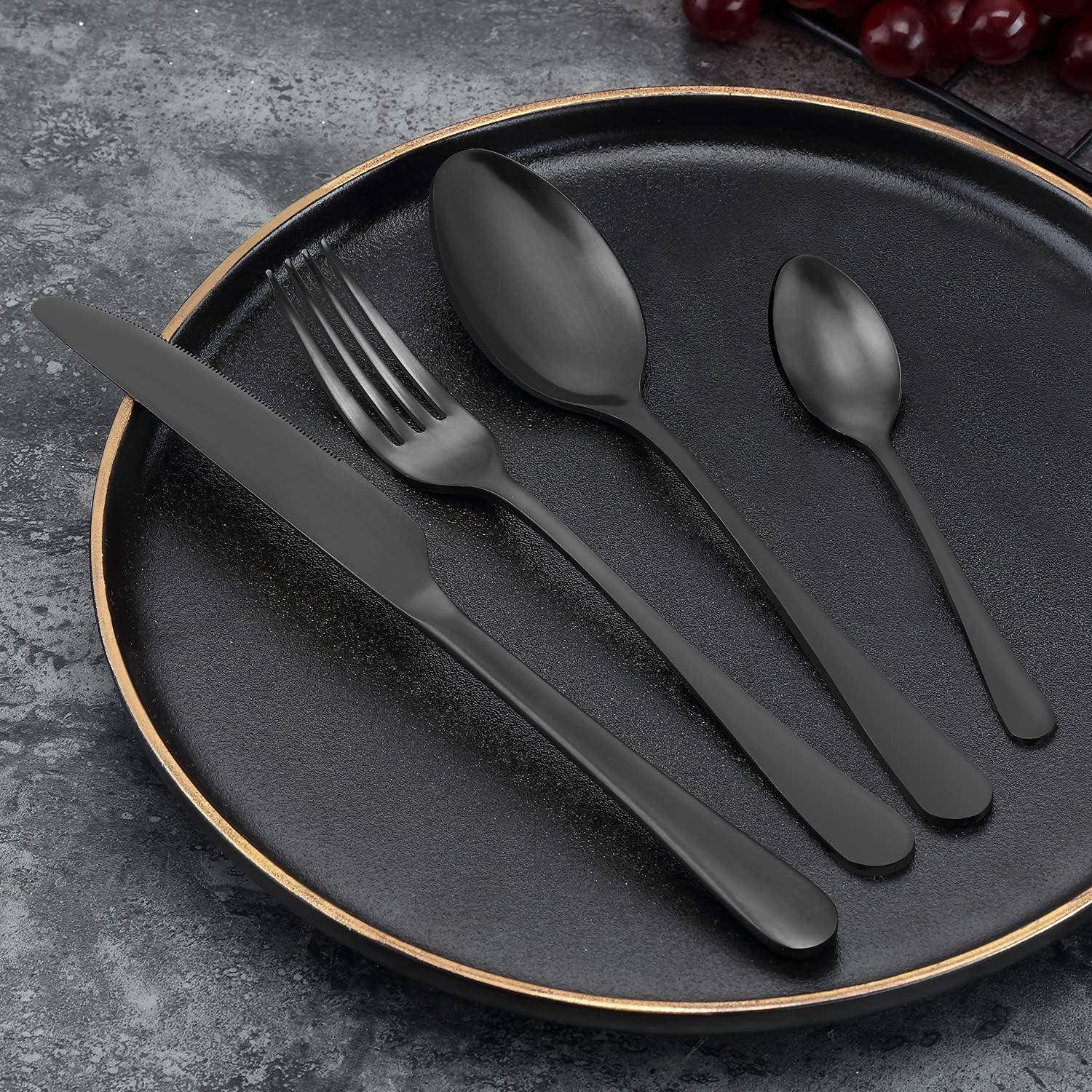 Besteck Set 24 24 Stück Runde Griffe Schwarz 24 Stück