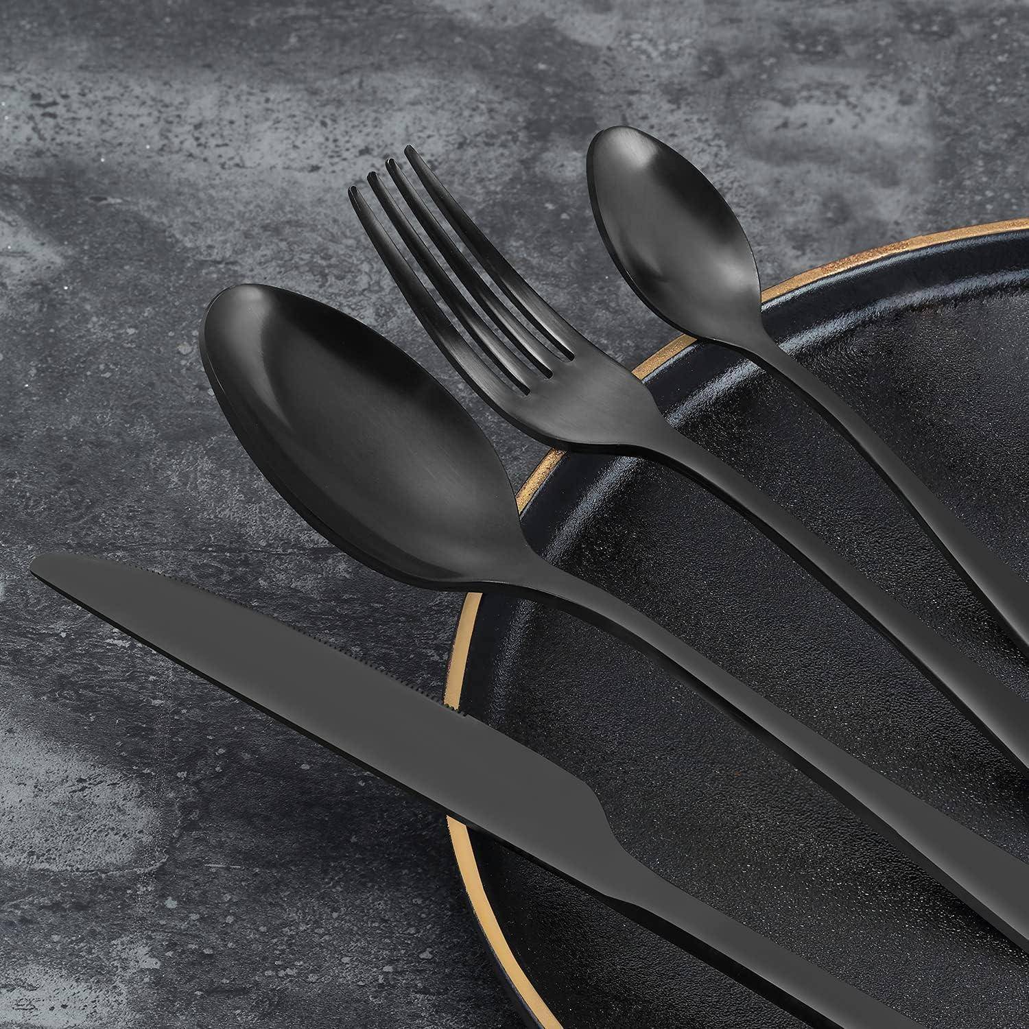 Besteck Set 24 24 Stück Runde Griffe Schwarz 24 Stück