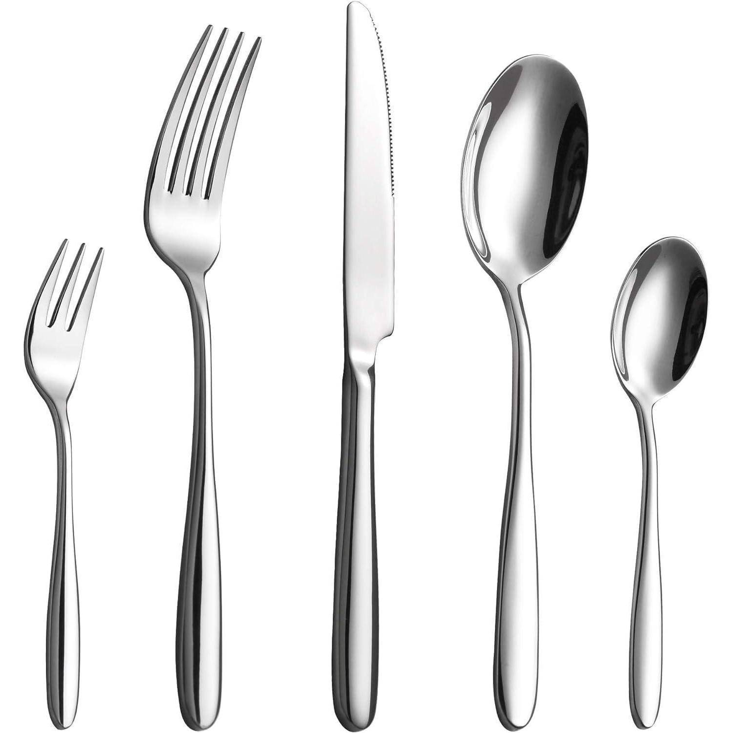 Ein Set aus fünf Edelstahlbesteck: eine Salatgabel, eine Menügabel, ein Messer, ein Esslöffel und ein Teelöffel, alle mit elegantem, poliertem Design.