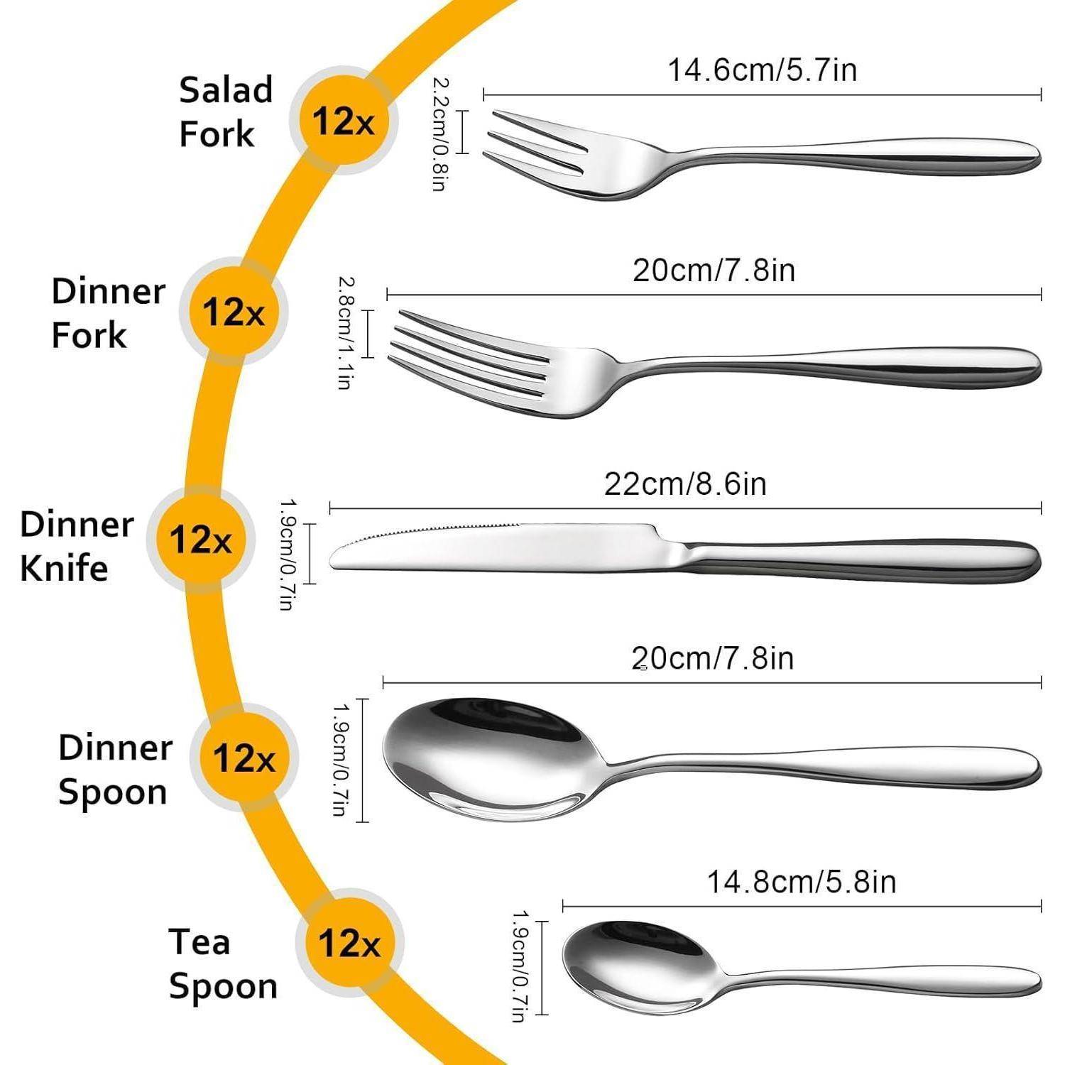 12x Salatgabel, Menügabel, Menümesser, Menülöffel und Teelöffel, jeweils mit Abmessungen dargestellt; 5-teiliges Besteckset.