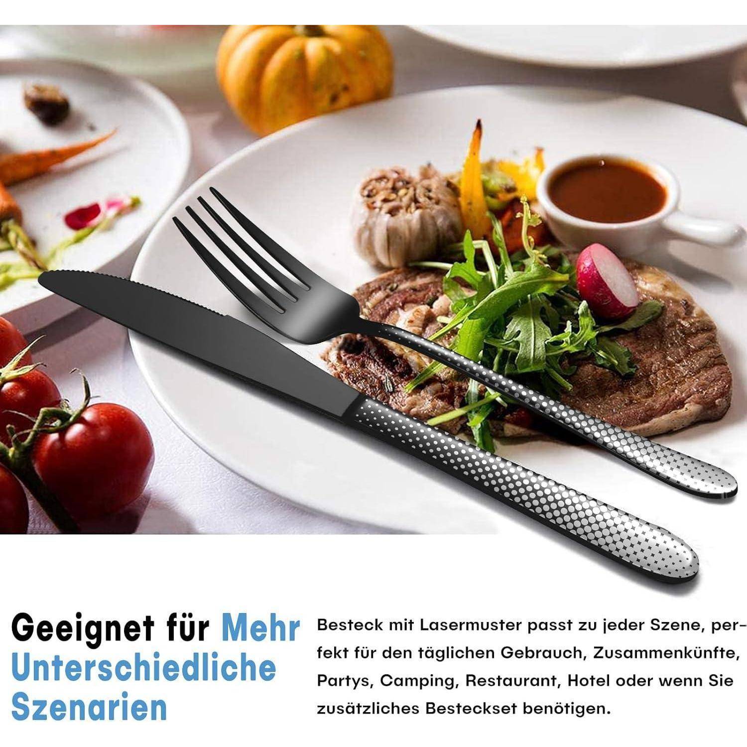 Besteck schwarz 6 Personen Edelstahl Messer 30 Teilig Laser-schwarz
