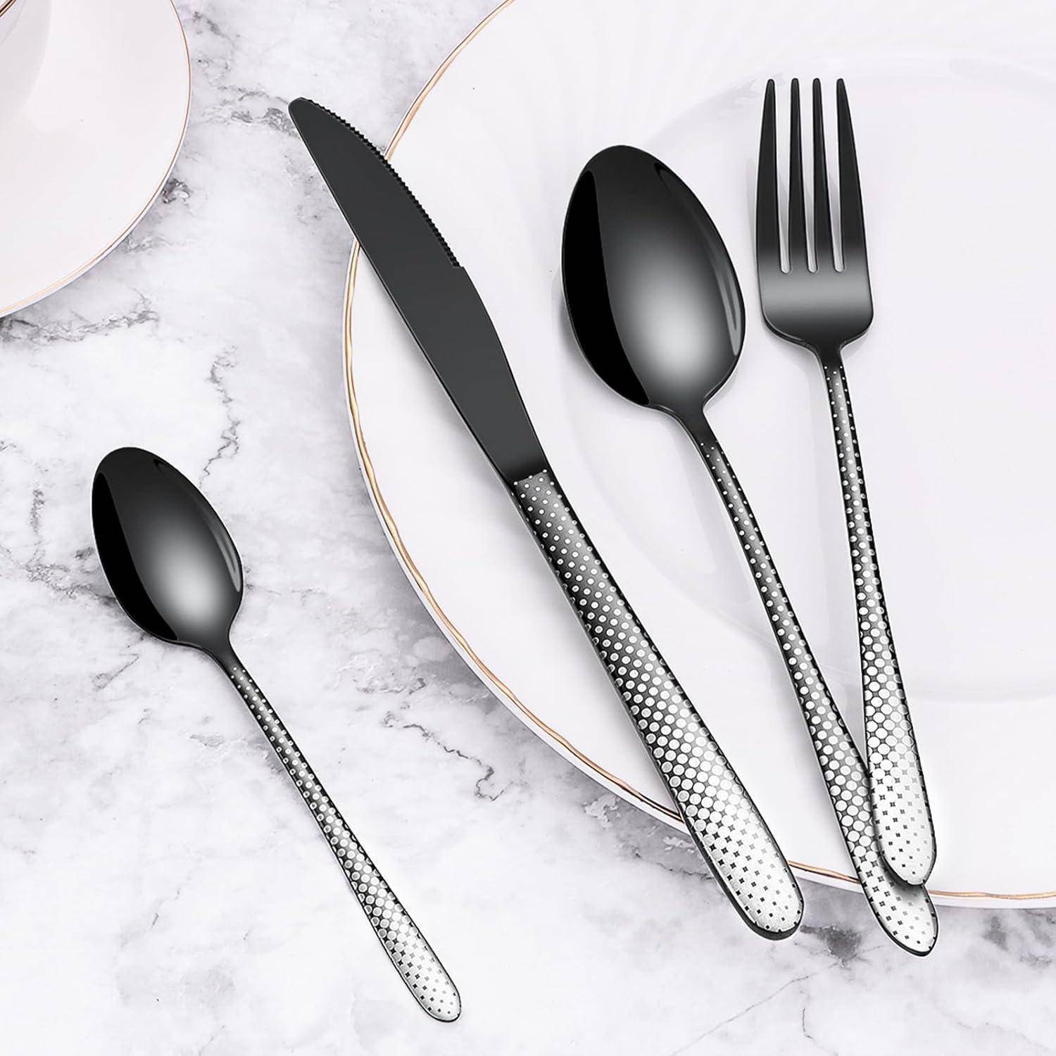 Besteck schwarz 6 Personen Edelstahl Messer 30 Teilig Laser-schwarz