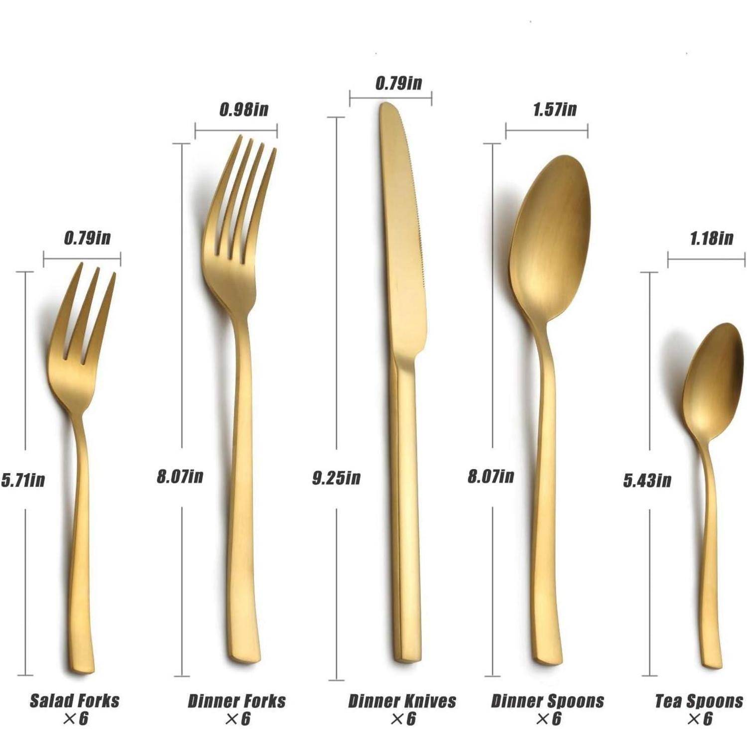 Goldenes Besteck-Set enthält 6 Salatgabeln (5,71 cm), 6 Menügabeln (7,09 cm), 6 Menümesser (9,25 cm), 6 Menulöffel (8,07 cm) und 6 Teelöffel (5,43 cm).