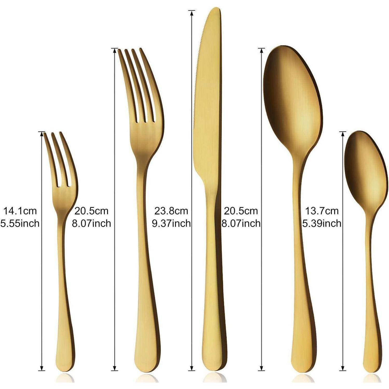 Goldenes Besteck-Set beinhaltet eine Dessertgabel, eine Essteller-Gabel, ein Essmesser, einen Esslöffel und einen Dessertlöffel mit genauen Maßangaben.