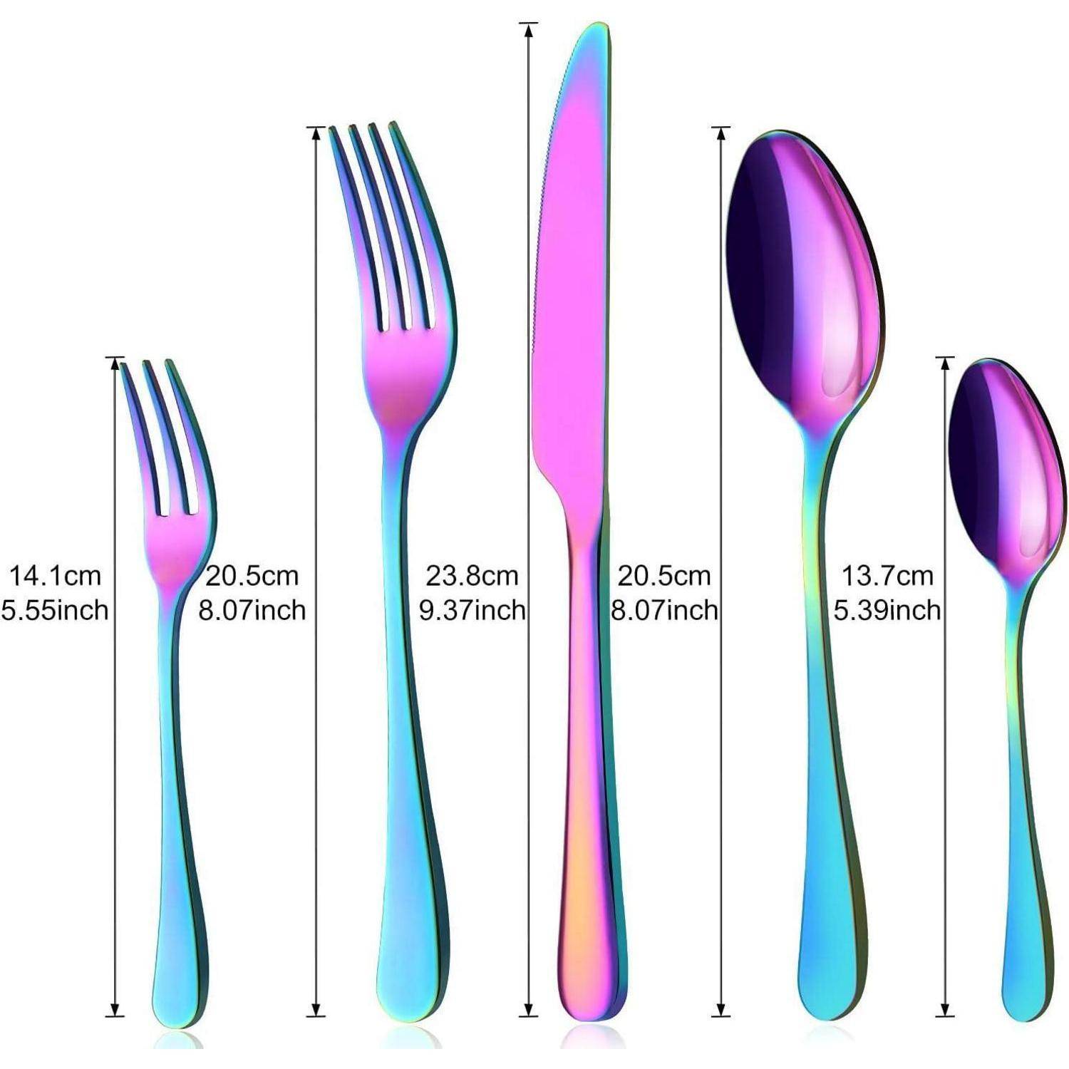Buntes Besteck-Set mit folgenden Größen: Salatgabel 14,1 cm, Abendessengabel 20,5 cm, Messer 23,8 cm, Esslöffel 20,5 cm, Teelöffel 13,7 cm.