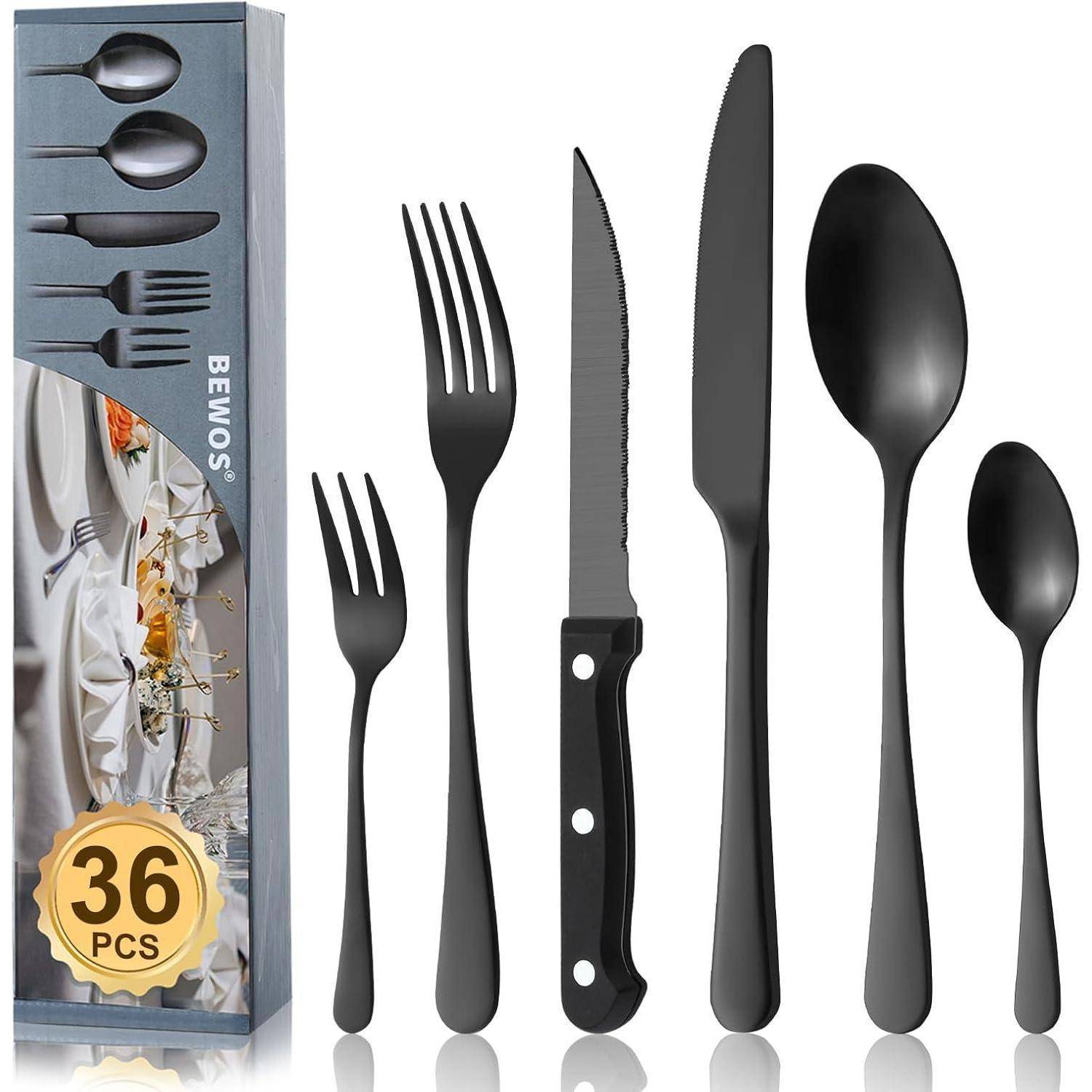Besteck 36teilig Edelstahl Messer Gabel Löffel Schwarz 36 Stück