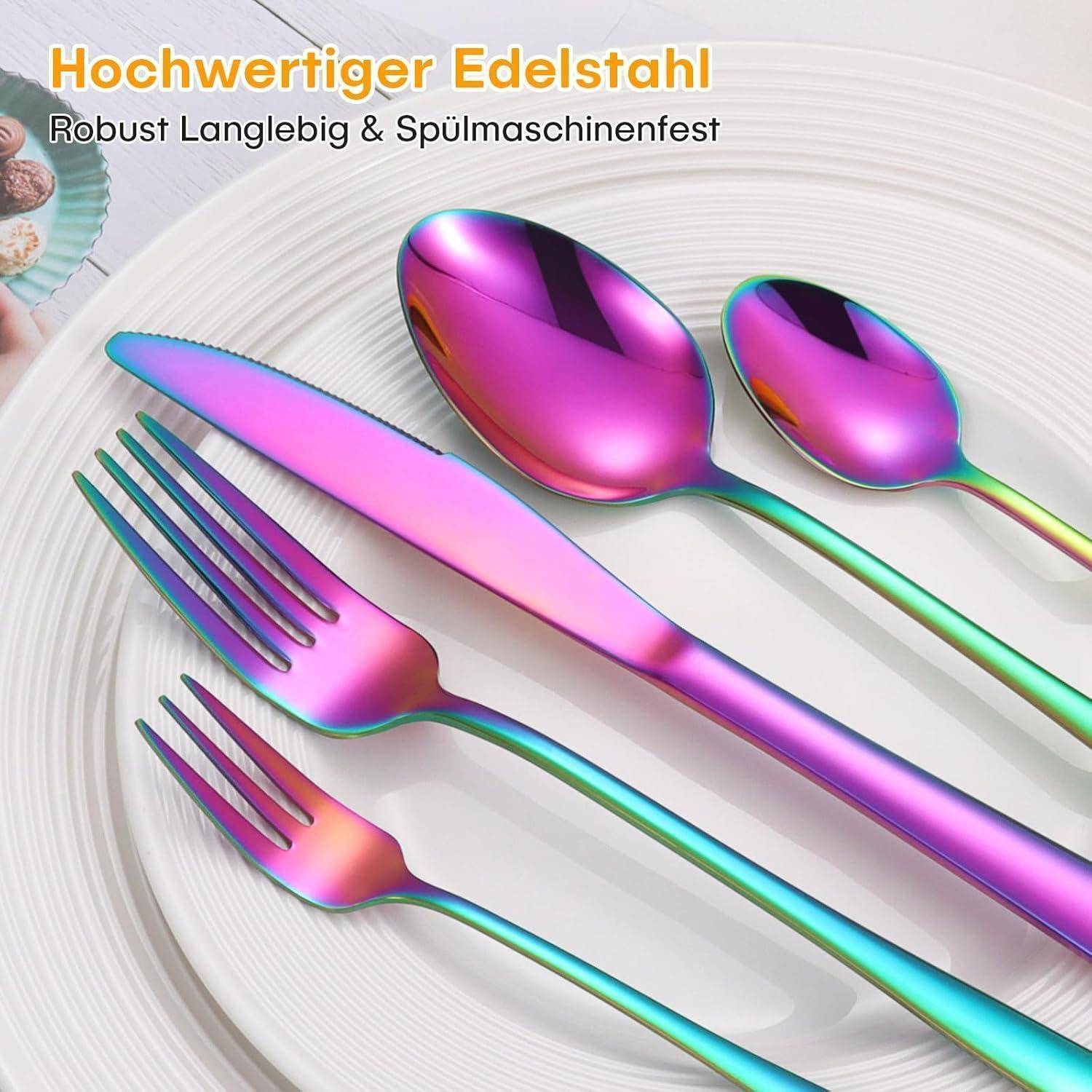 Regenbogenfarbene Edelstahlbesteck-Set auf einem hellen Hintergrund. Text lautet: 'Hochwertiger Edelstahl, Robust Langlebig & Spülmaschinenfest.