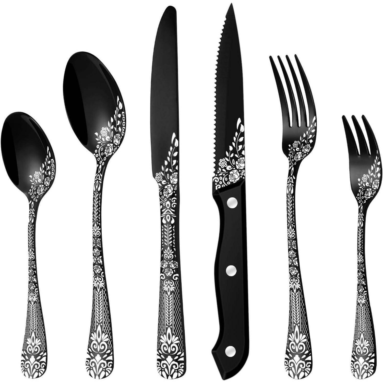 Besteck Edelstahl Schwarz 6 Steakmesser Gabel 36-Teiliges Schwarz