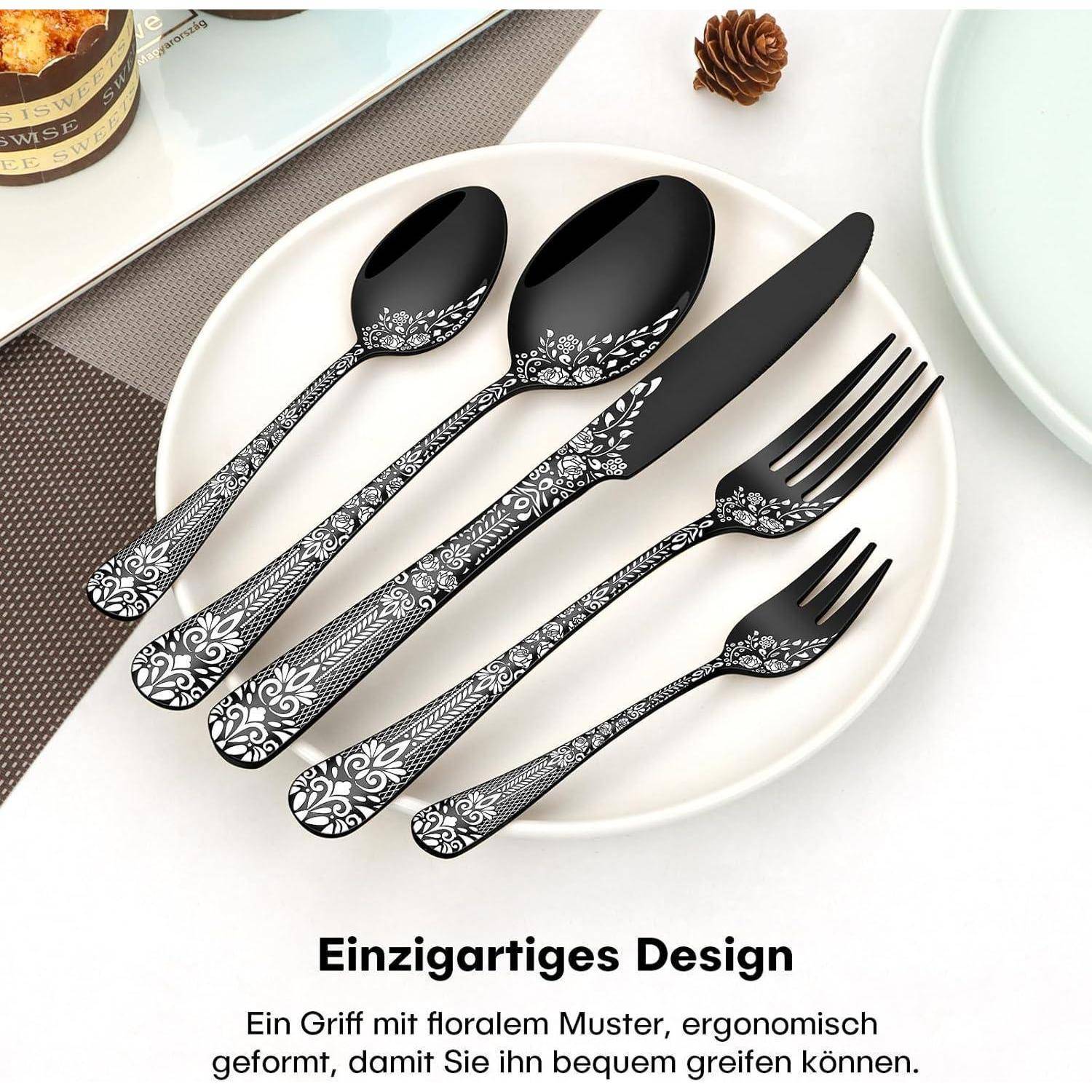 Besteck Edelstahl Schwarz 6 Steakmesser Gabel 36-Teiliges Schwarz