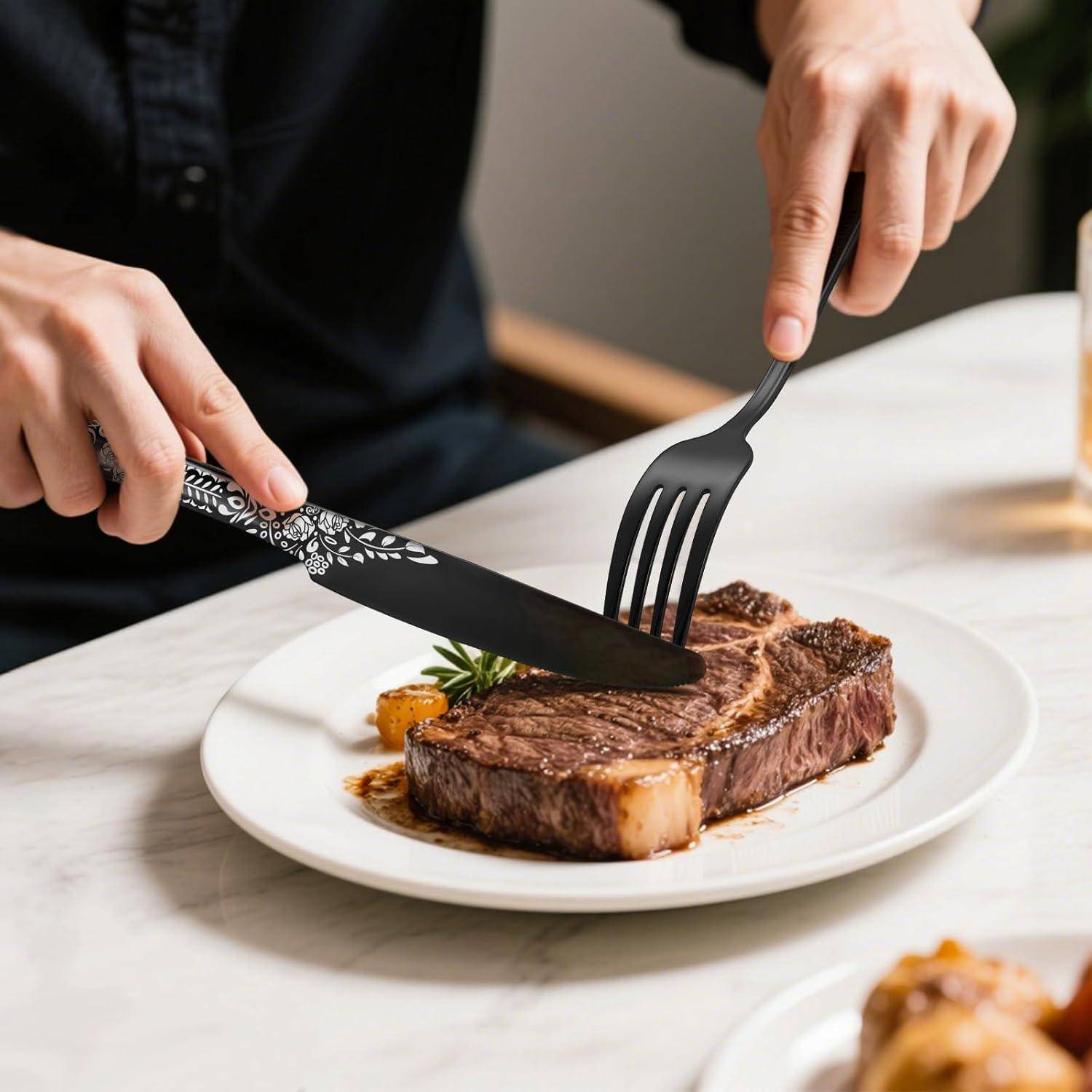 Besteck Edelstahl Schwarz 6 Steakmesser Gabel 36-Teiliges Schwarz